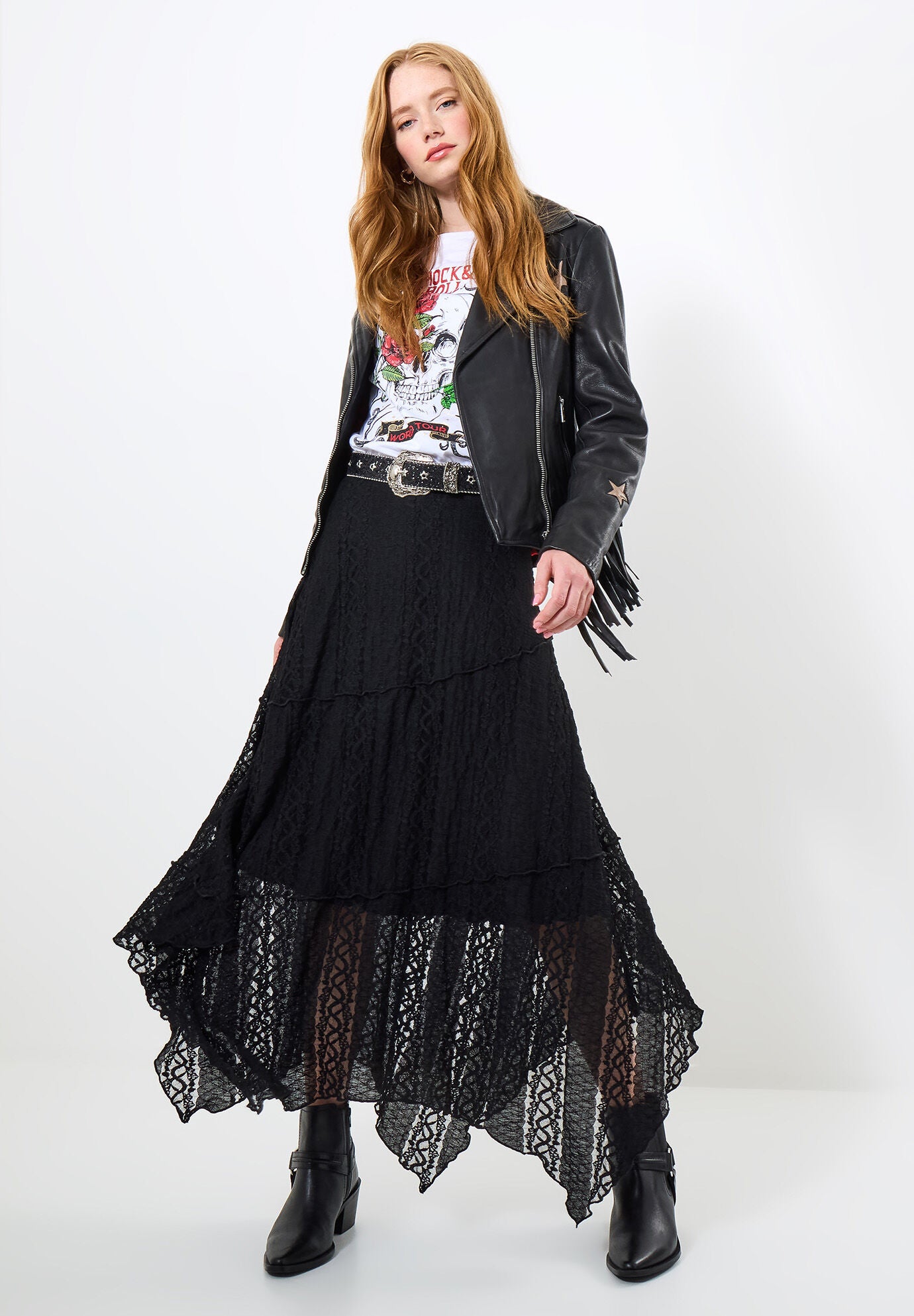 Stretch Lace Hanky Hem Maxi Skirt, BLACK, hi-res image number 0