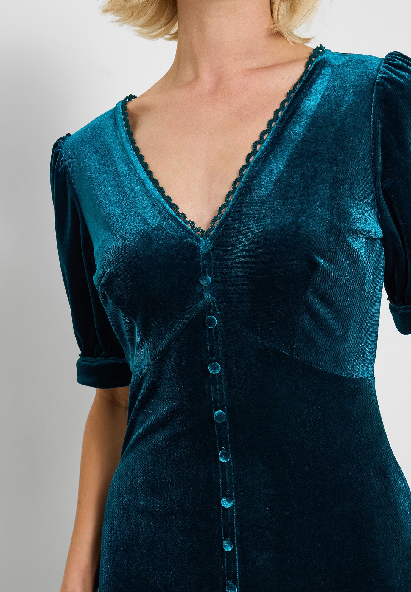 Stretch Velvet Fluted Midi Dress, TEAL, alternate image number 2