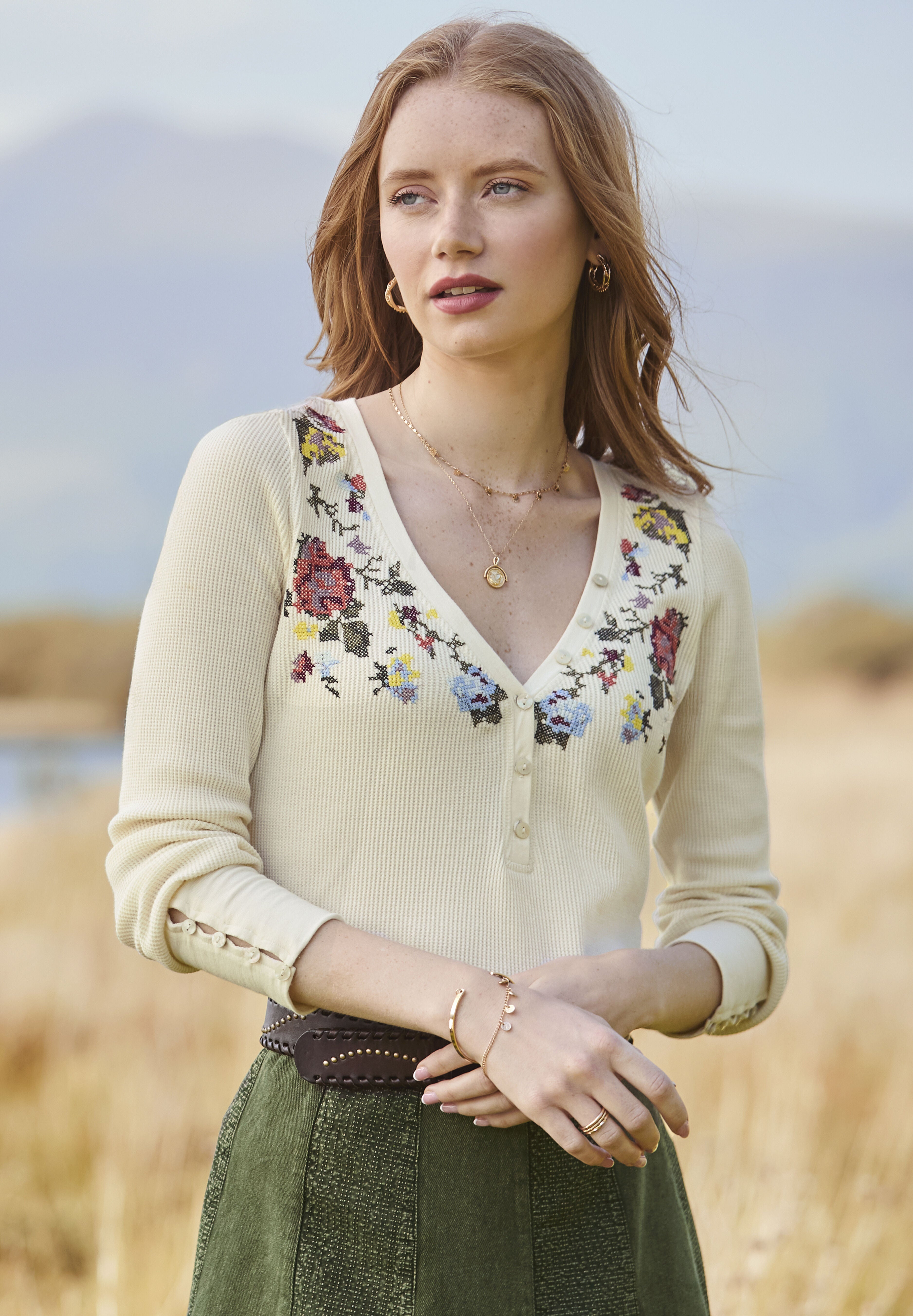 Stretch Cotton Henley Tee, CREAM FLORAL EMBROIDERY, hi-res image number 0