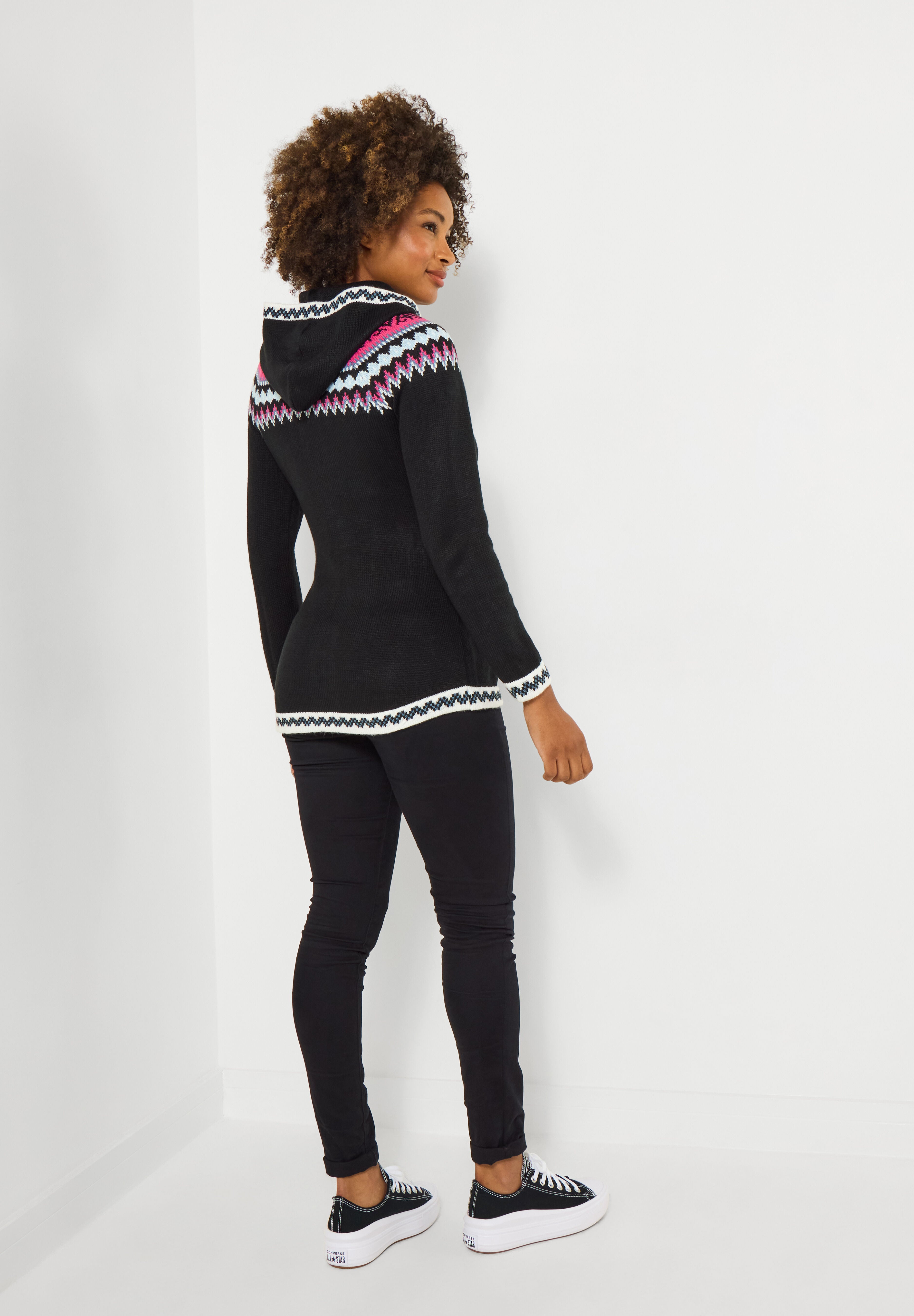 Fair Isle Drawstring V-Neck Zip Hoodie, BLACK FAIRISLE, alternate image number 3