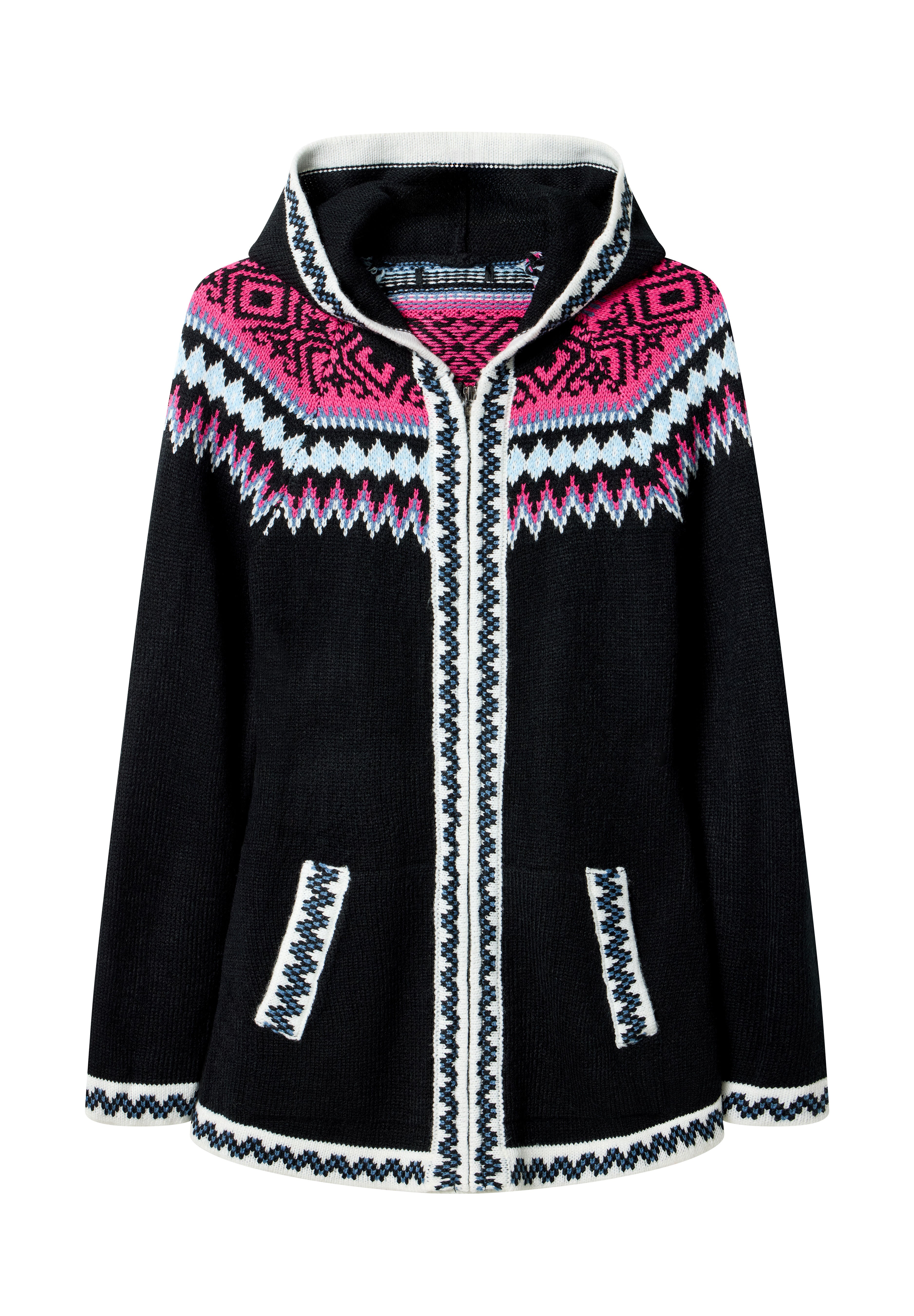 Fair Isle Drawstring V-Neck Zip Hoodie, BLACK FAIRISLE, alternate image number 4