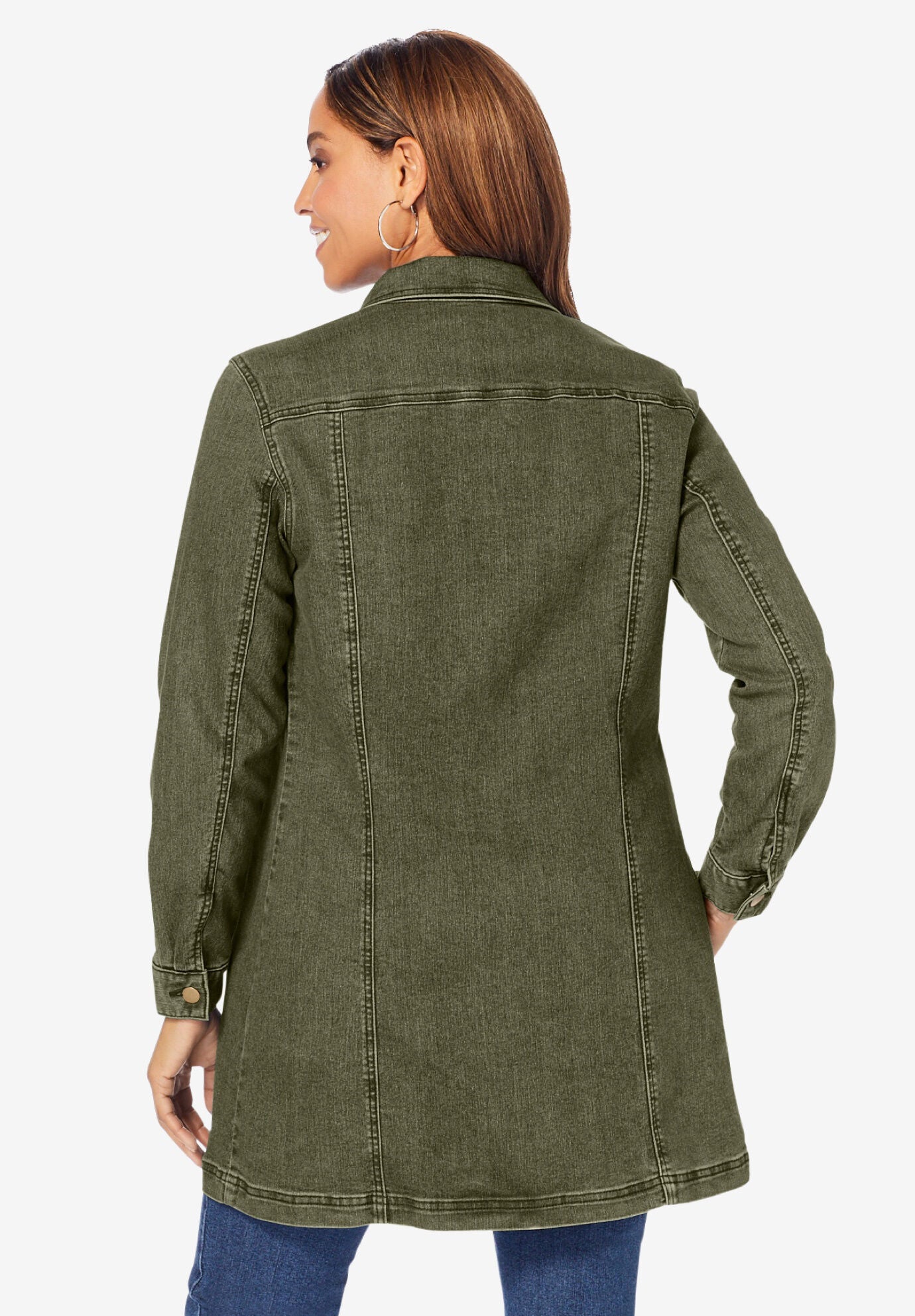 Long Denim Jacket, DARK OLIVE GREEN, on-hover image number 1