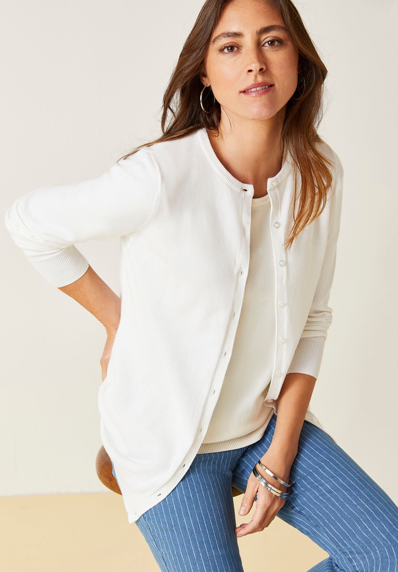 Fine Gauge Button-Front Cardigan, WHITE, hi-res image number 0