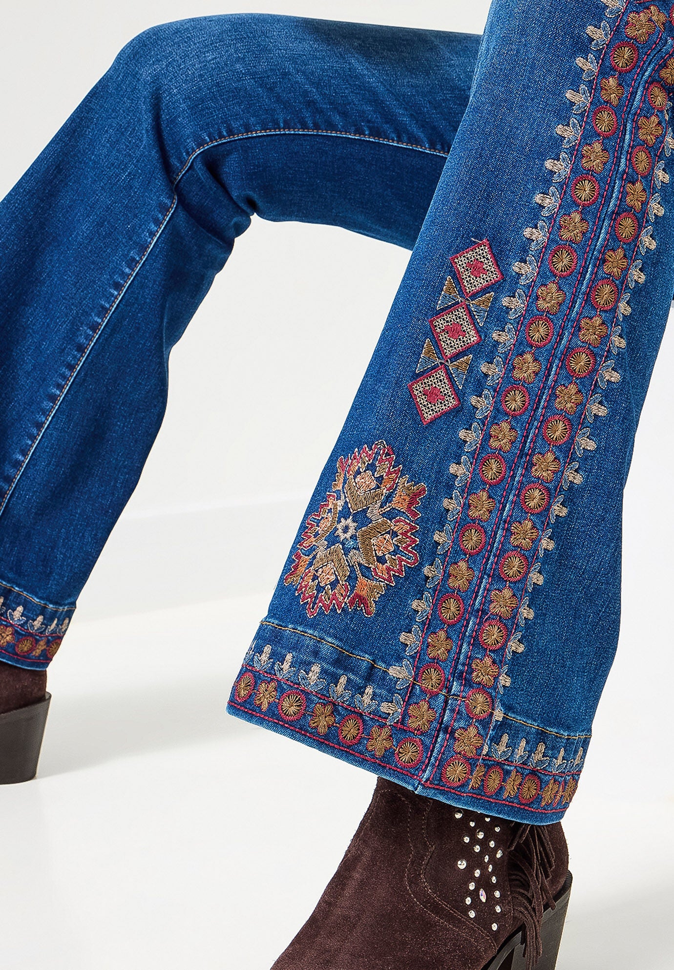 Embroidered Flare Jeans, DARK BLUE AZTEC, on-hover image number 1