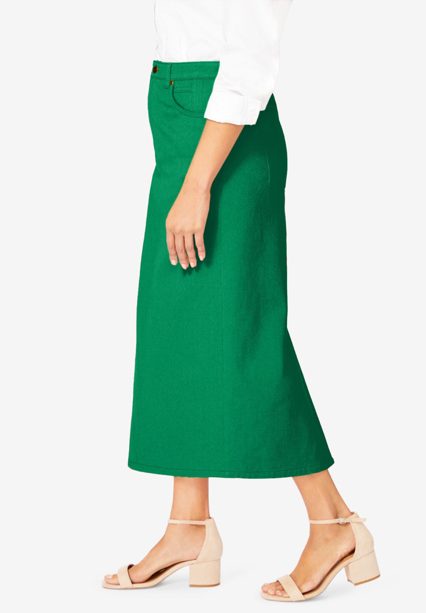 Classic Cotton Denim Midi Skirt, KELLY GREEN, alternate image number 2