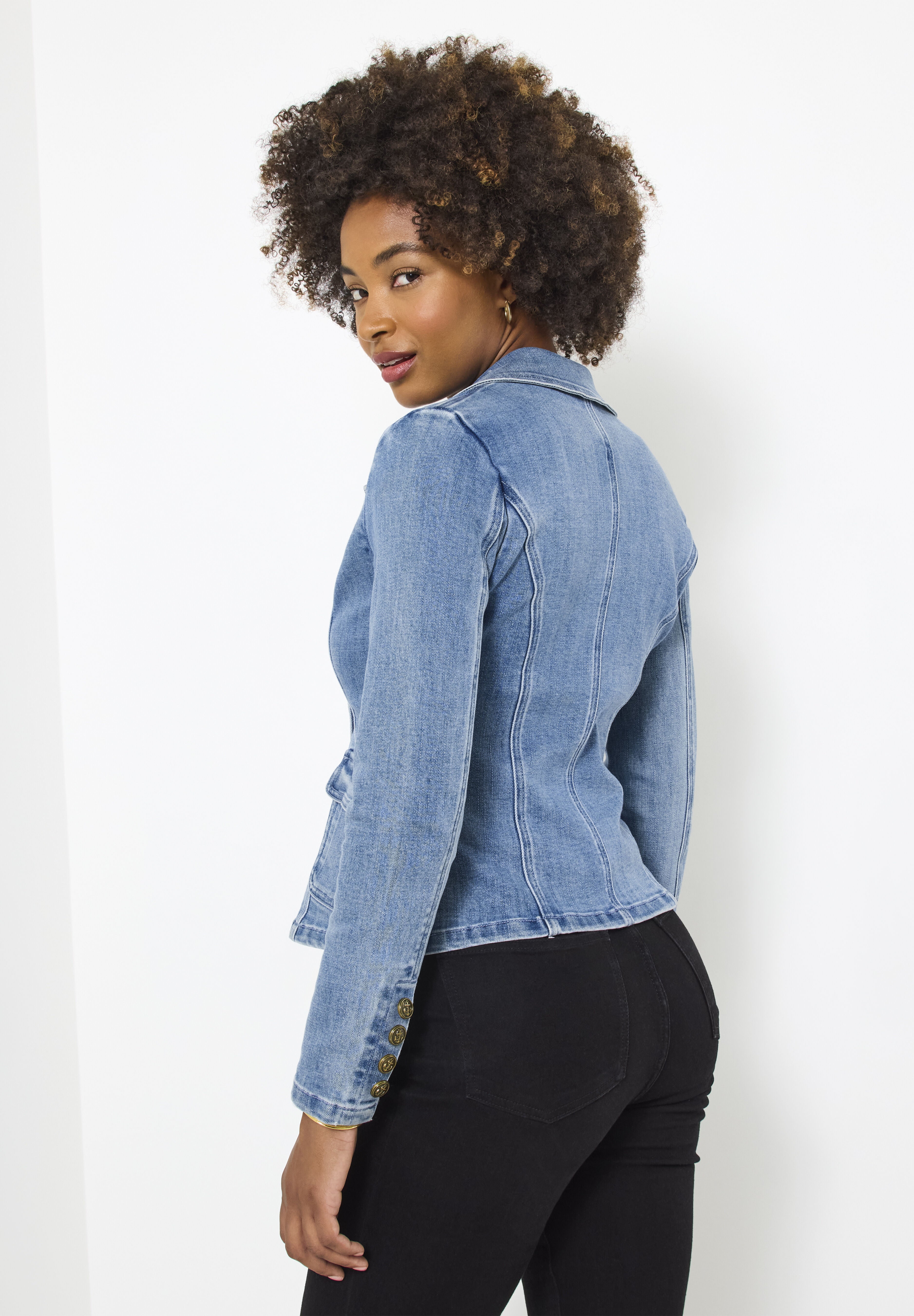 Double Breasted Denim Blazer, LIGHT BLUE, on-hover image number 1