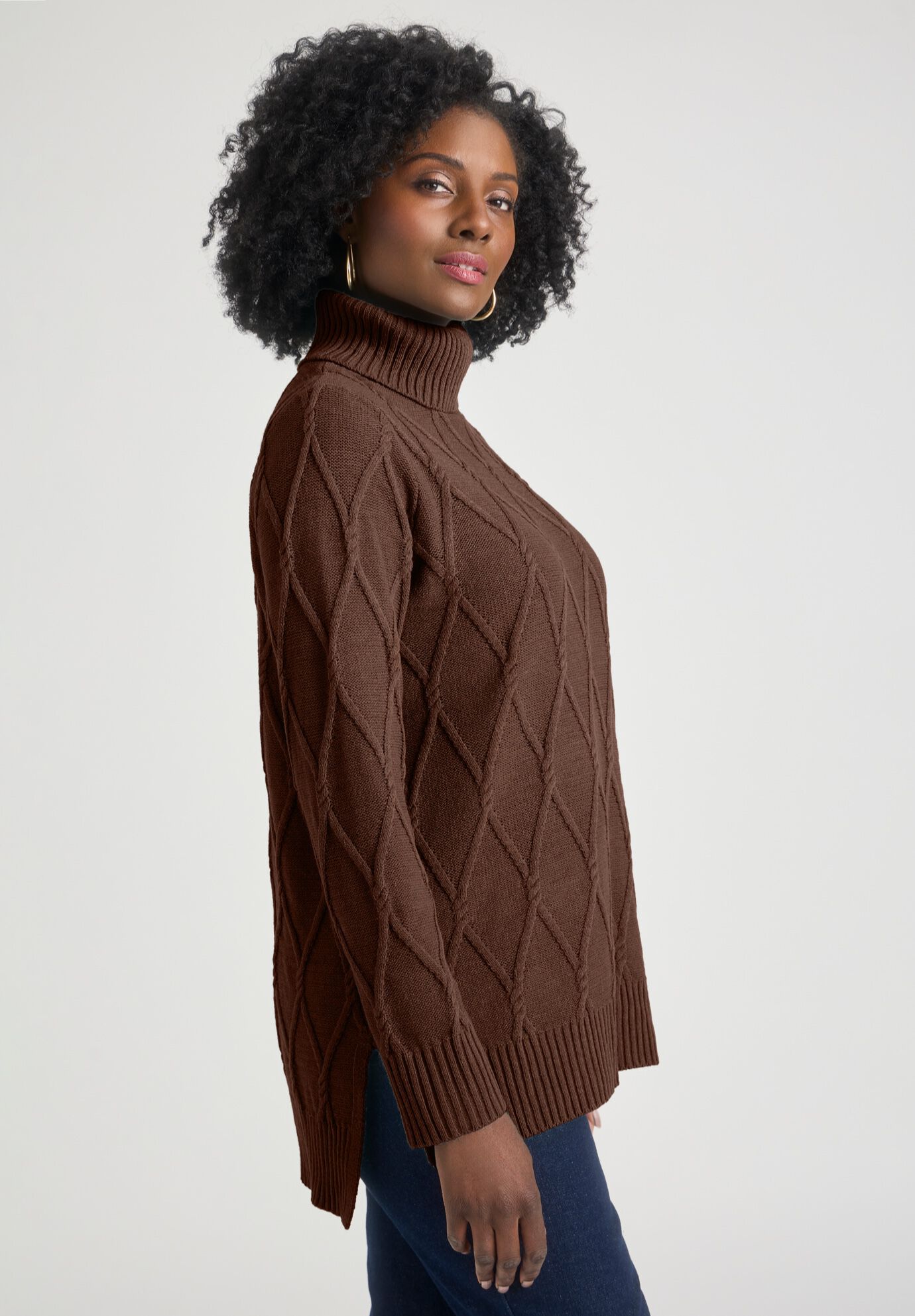 Cable Turtleneck Sweater, RICH BROWN, alternate image number 2