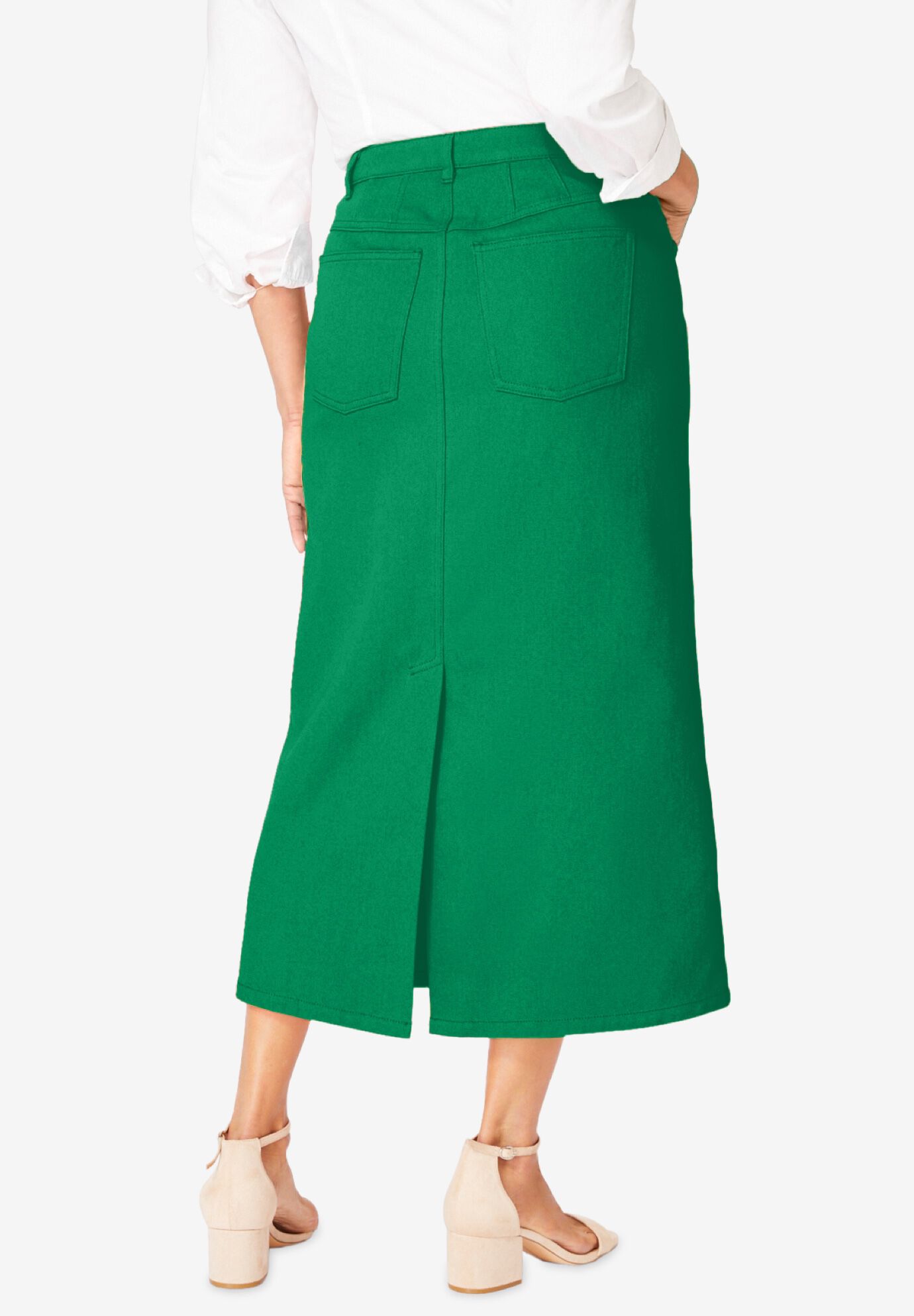 Classic Cotton Denim Midi Skirt, KELLY GREEN, on-hover image number 1