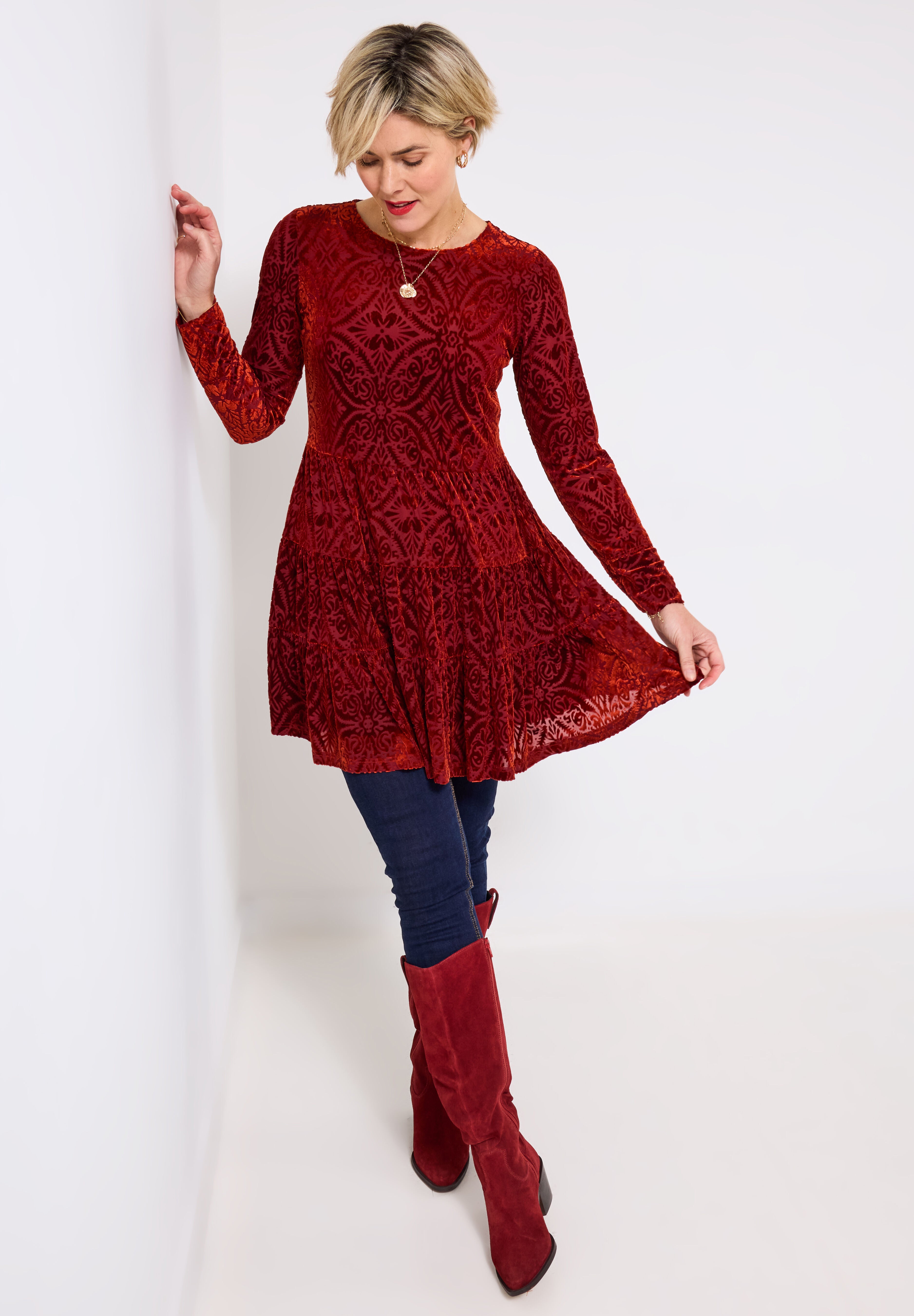 Burnout Velvet Tiered Long Tunic, BURNT ORANGE BURNOUT, hi-res image number 0
