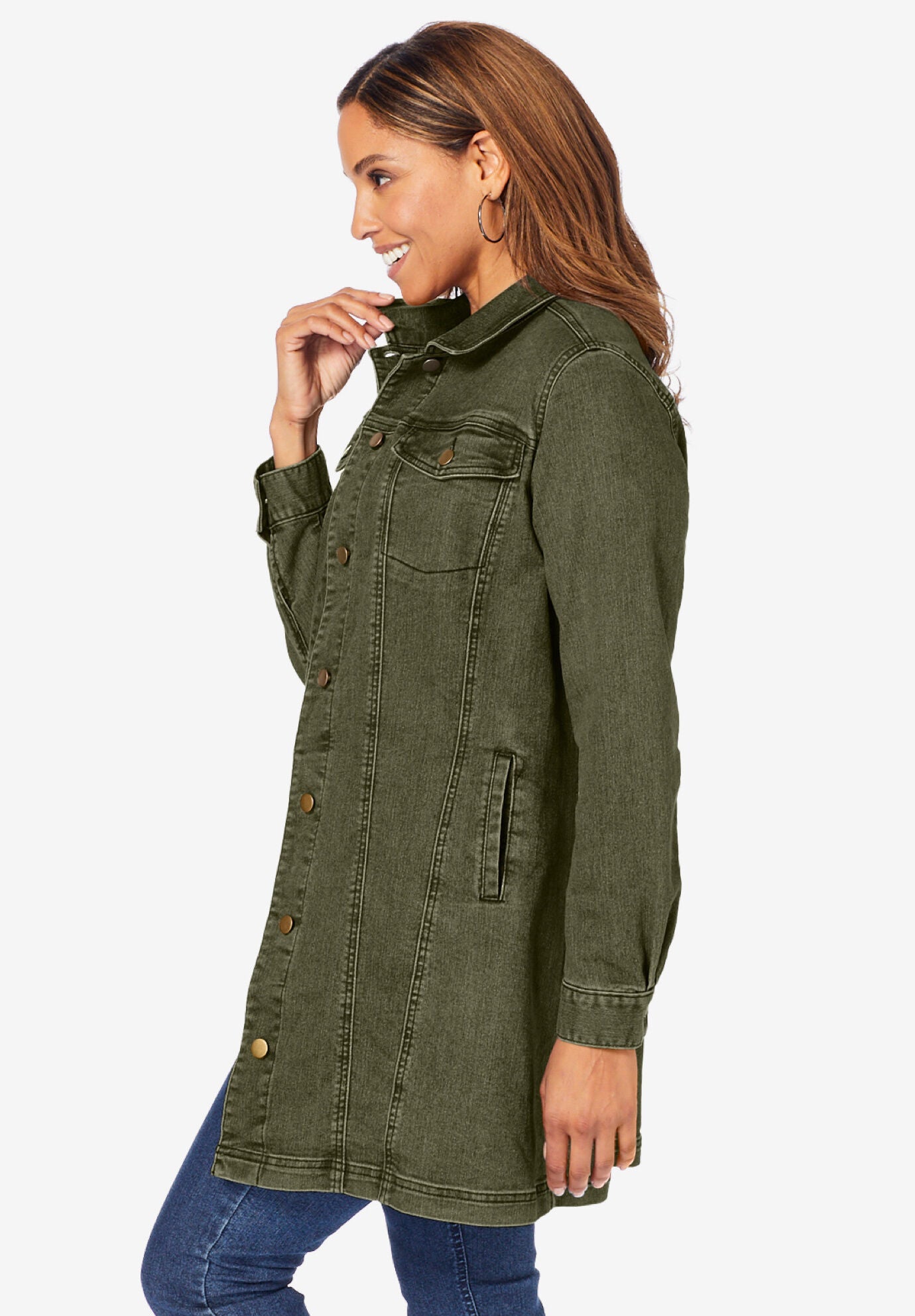 Long Denim Jacket, DARK OLIVE GREEN, alternate image number 2