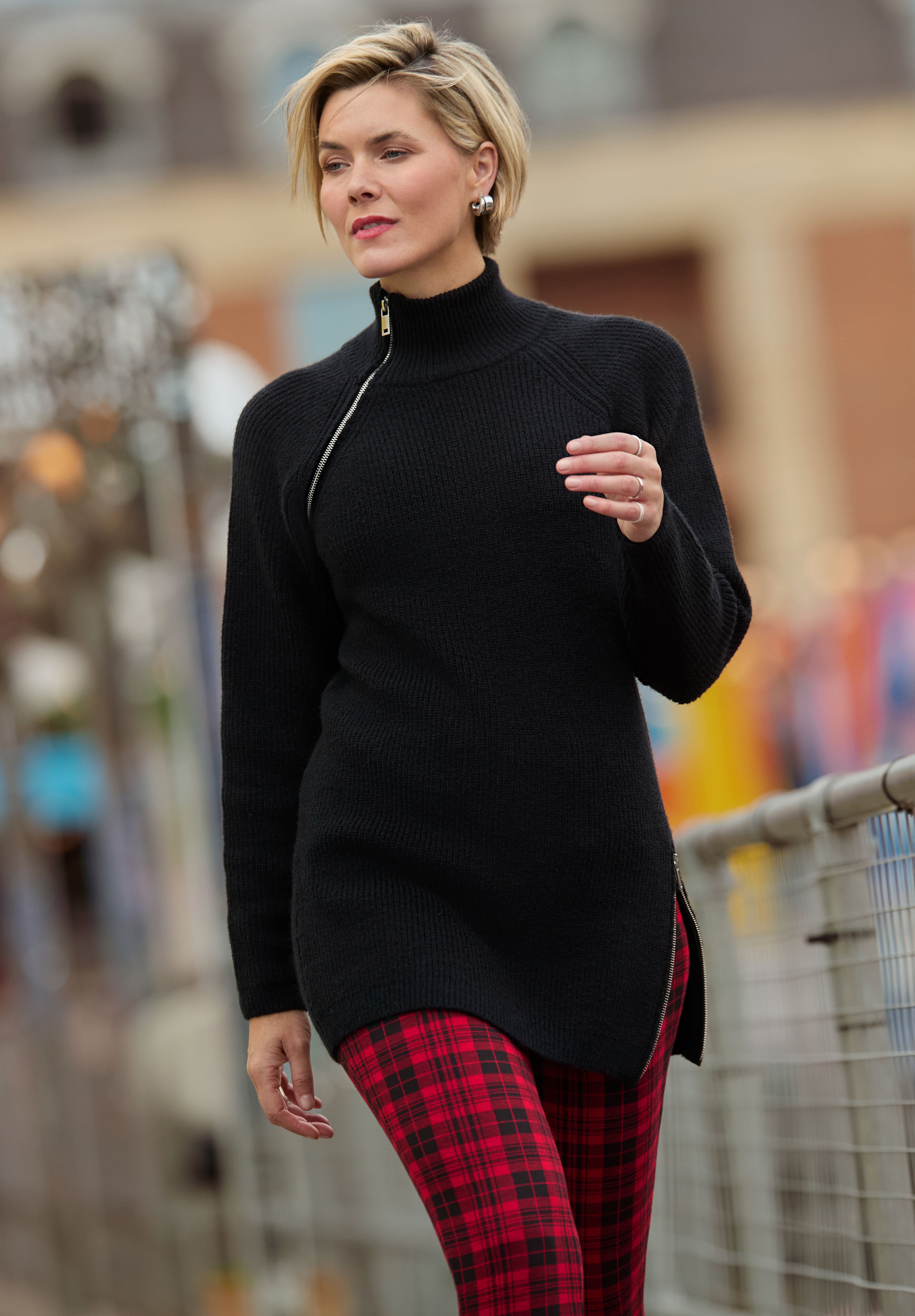 Mockneck Zip Tunic Sweater, BLACK, hi-res image number 0