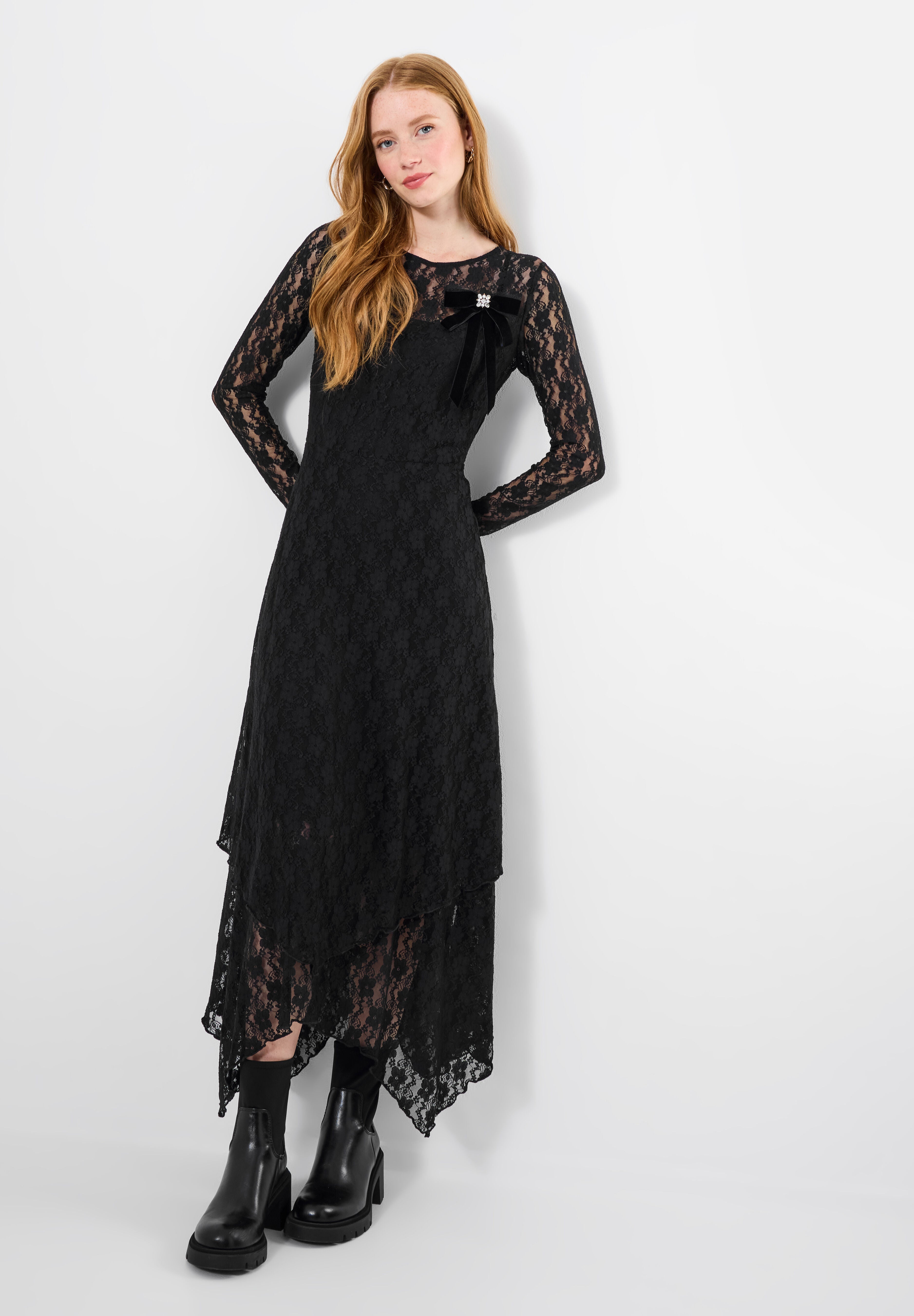 Stretch Lace Hanky Hem Maxi Dress, BLACK, hi-res image number 0