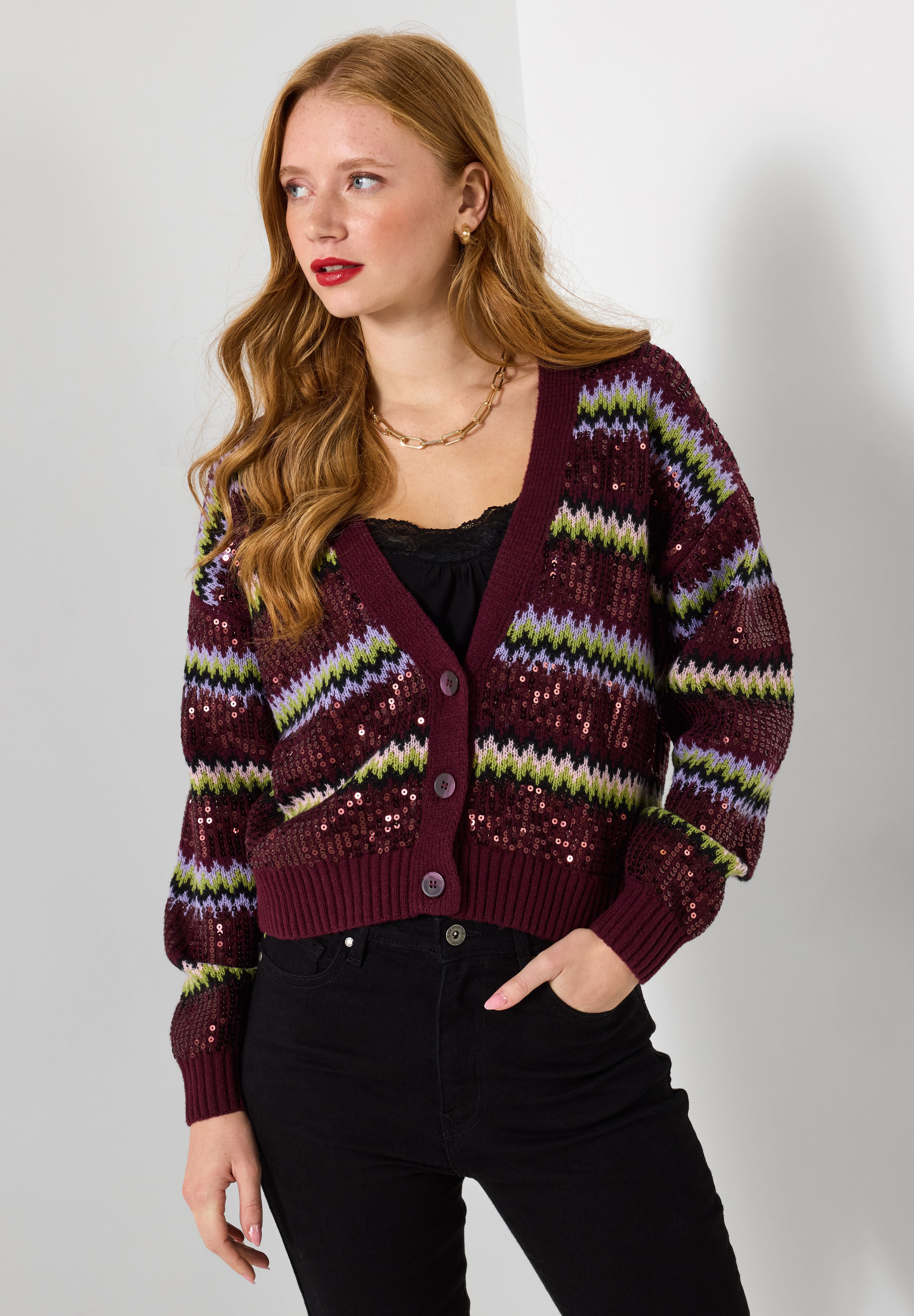 Sequin Sweater Cardigan, SEQUIN STRIPES, hi-res image number 0