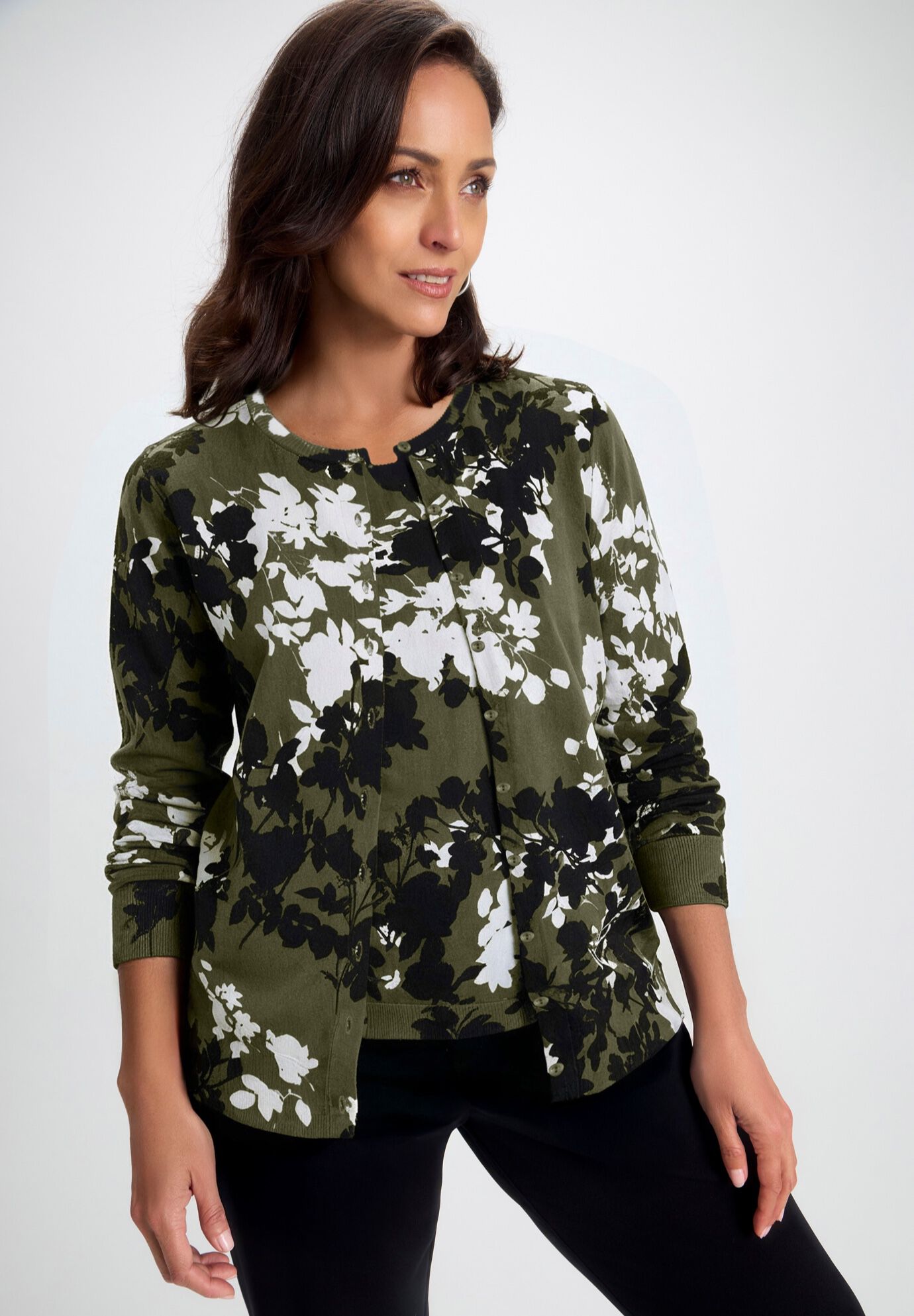 Fine Gauge Cardigan, DARK OLIVE GREEN GRAPHIC FLORAL, hi-res image number 0