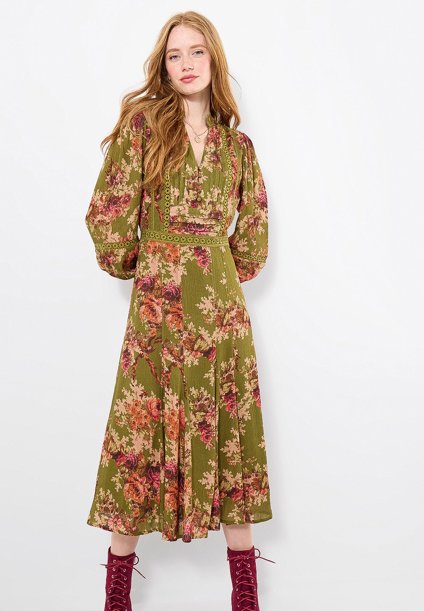 Autumn Peasant Maxi Dress, OLIVE BATIK BLOOM, alternate image number 3