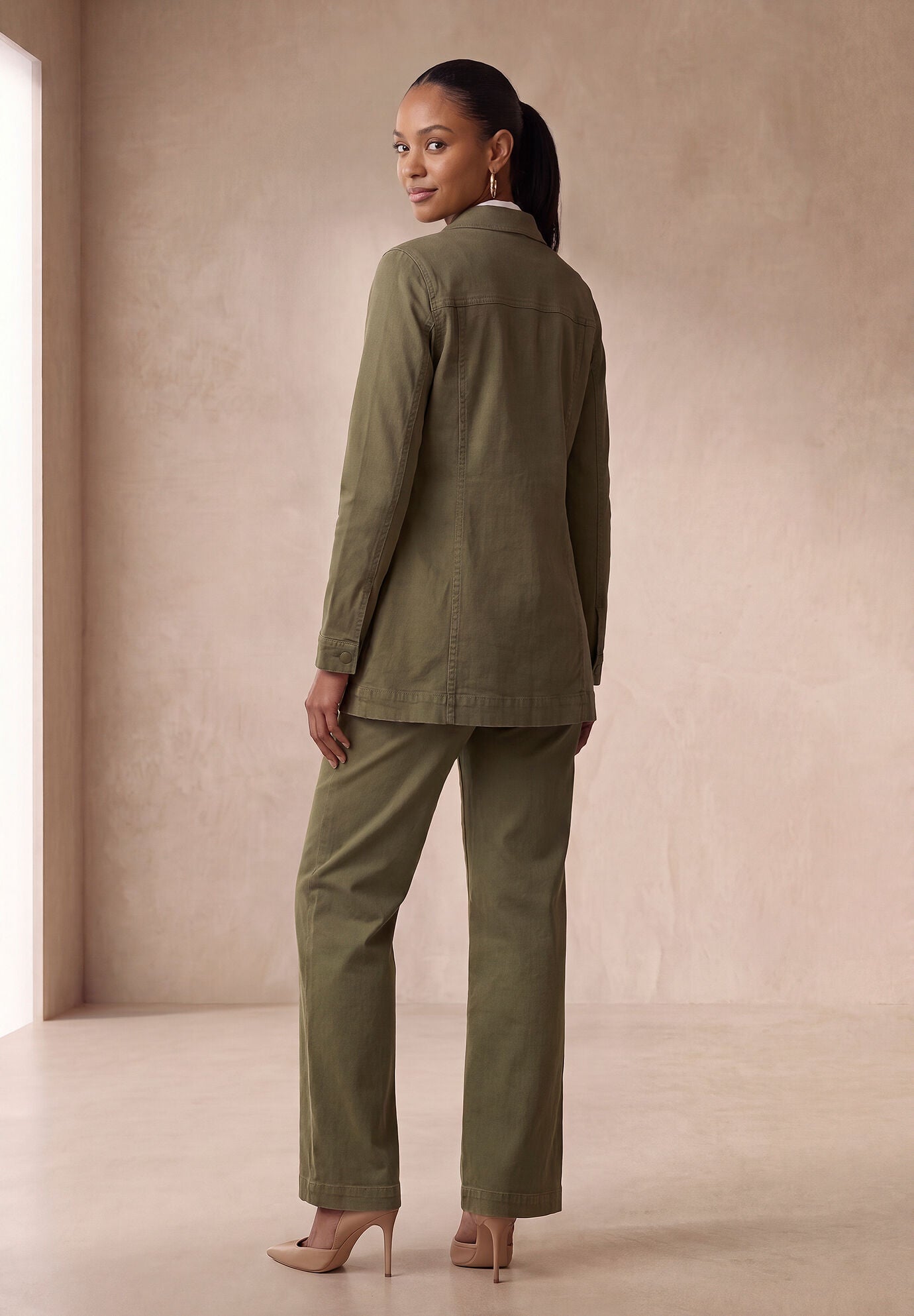 Long Denim Jacket, DARK OLIVE GREEN, alternate image number 5