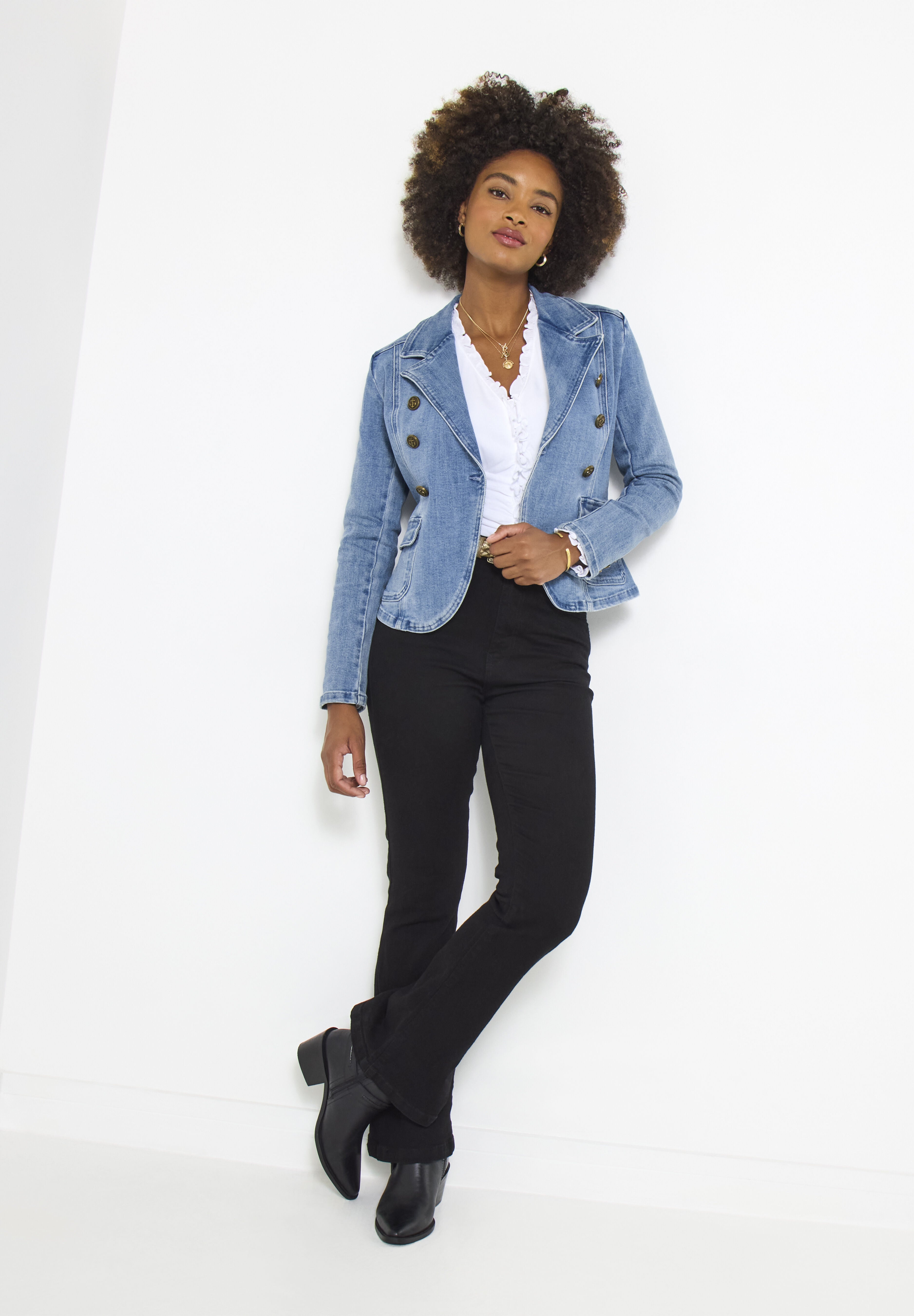 Double Breasted Denim Blazer, LIGHT BLUE, alternate image number 3