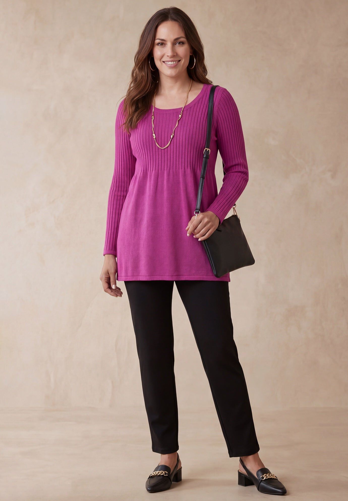 Ribbed Baby Doll Tunic Sweater, BLACK, hi-res image number 0