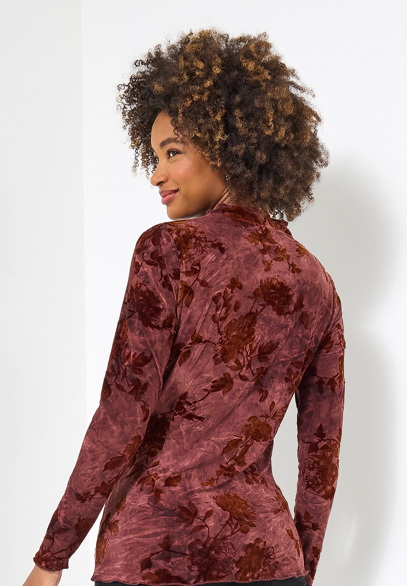 Burnout Mock Neck Tee, MAHOGANY VINES, on-hover image number 1