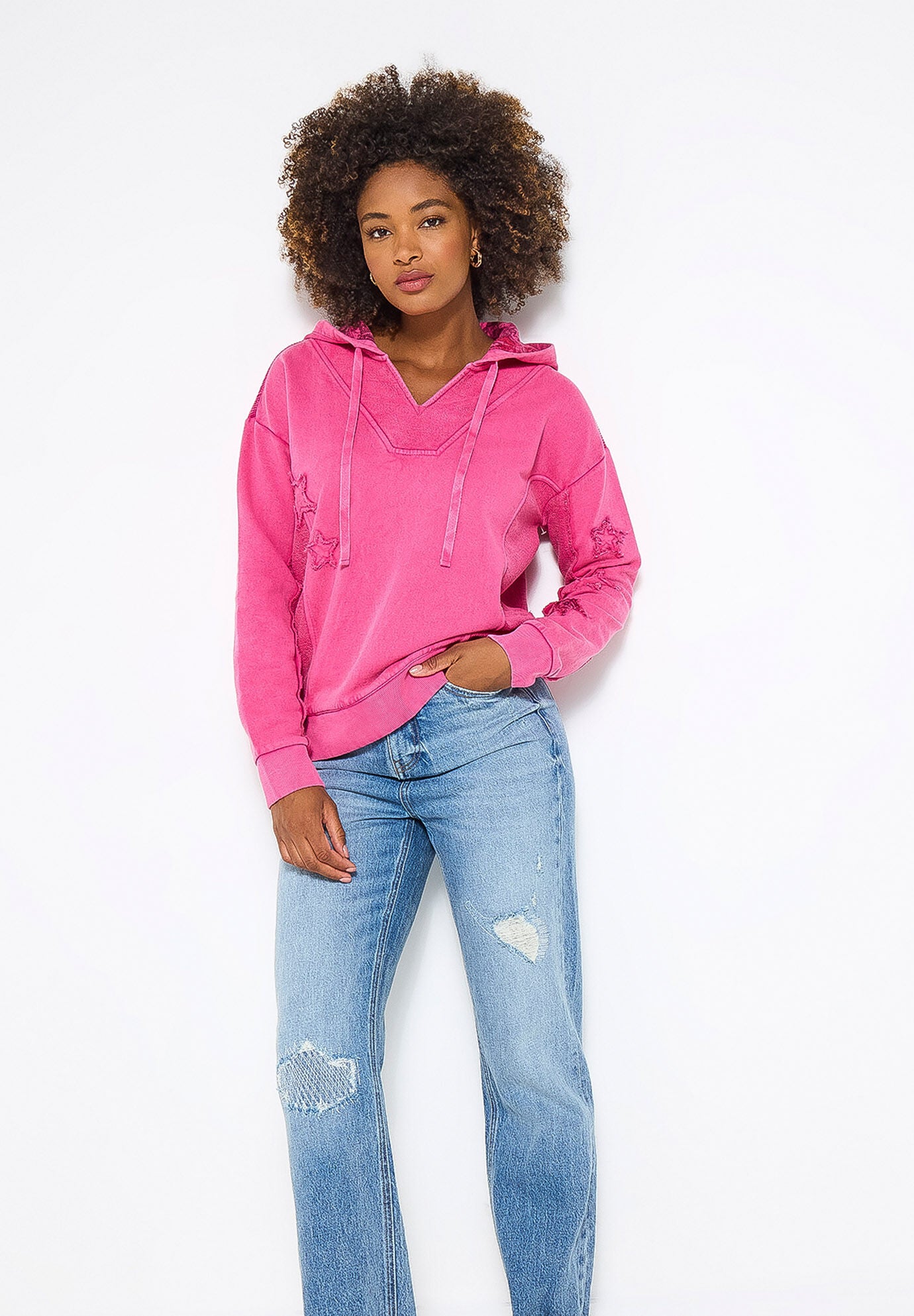 V Neck Star Hoodie, PRETTY PINK STARS, alternate image number 4