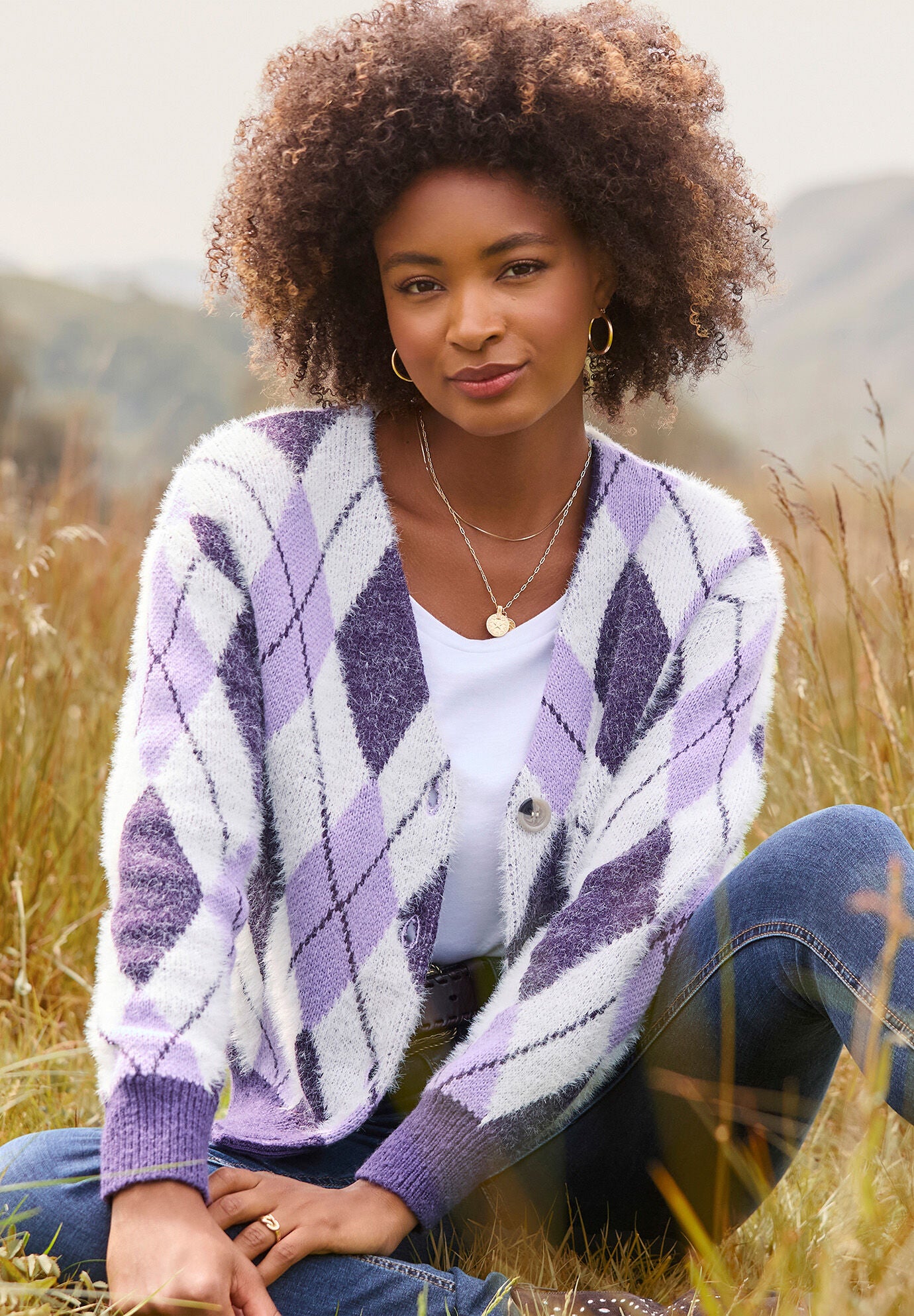 Fuzzy V-Neck Cardigan, VIOLET ARGYLE, hi-res image number 0