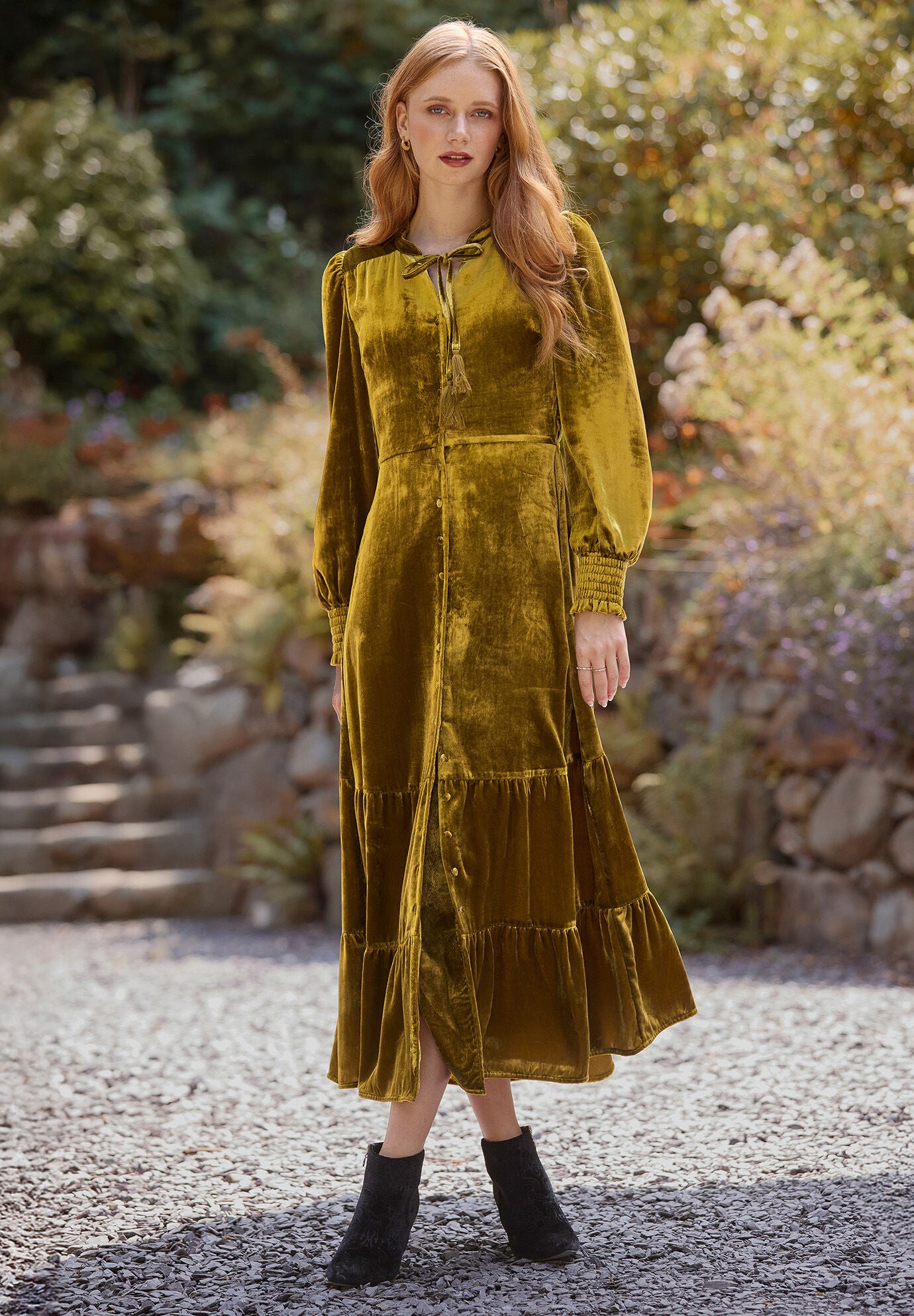 Tiered Velvet Tie Neck Dress, CHARTREUSE, hi-res image number 0