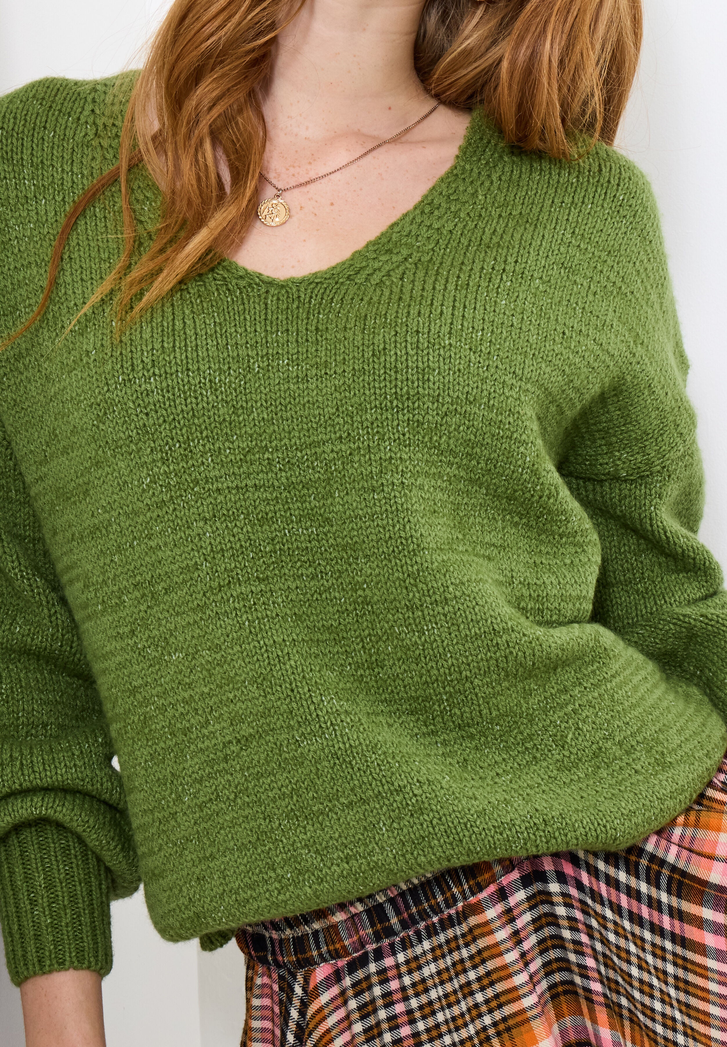 Cozy V-Neck Pullover Sweater, MOSS, on-hover image number 1