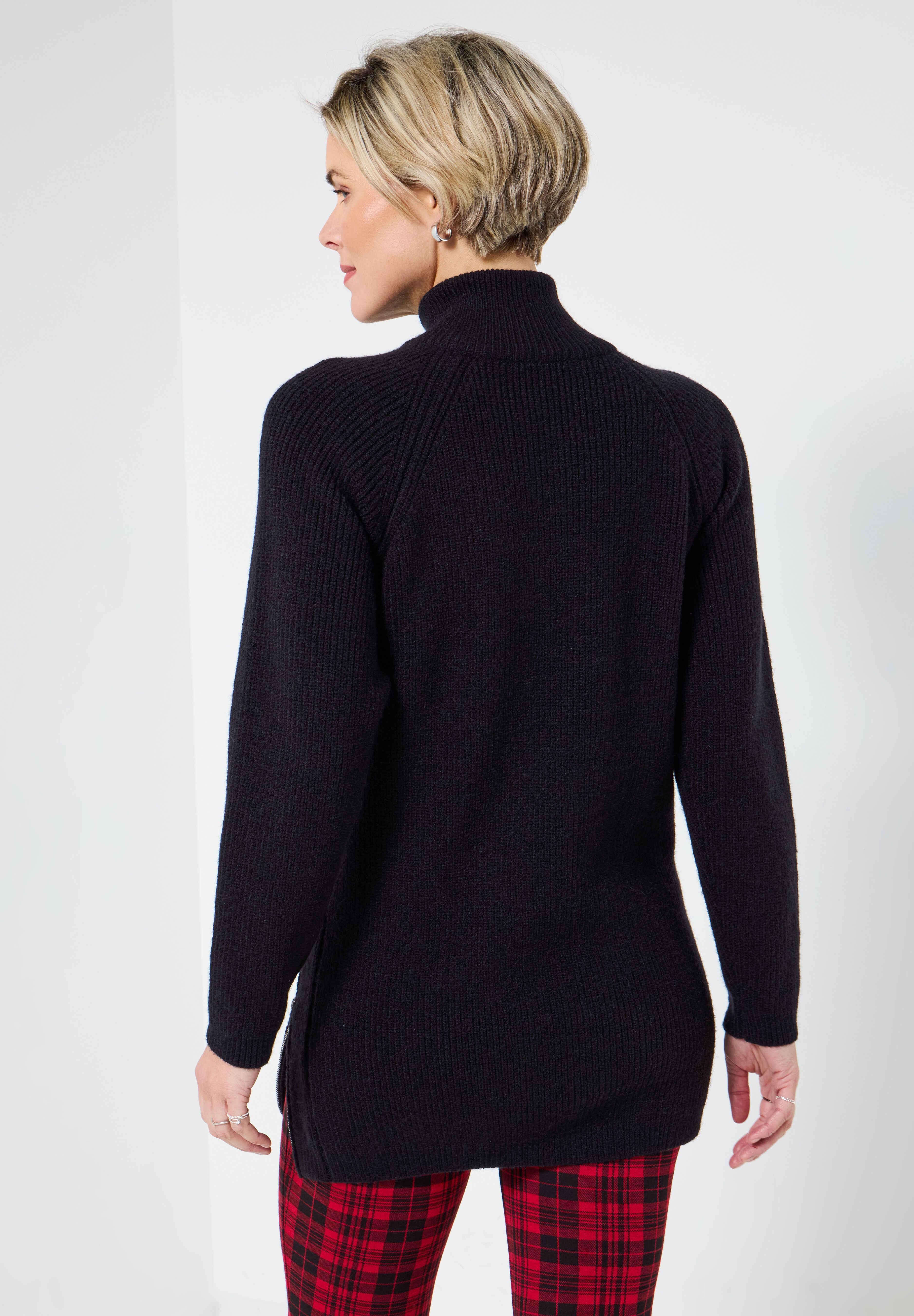 Mockneck Zip Tunic Sweater, BLACK, alternate image number 3