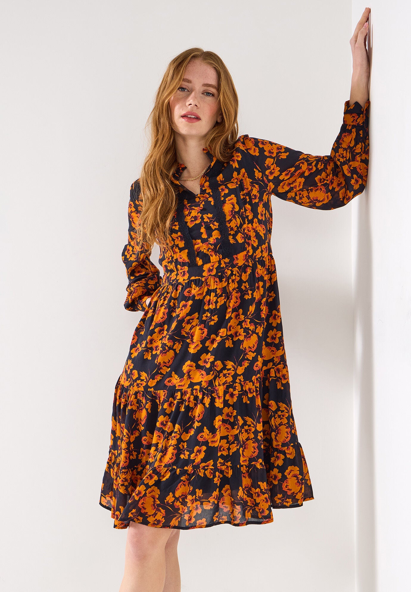 Georgette Peasant Dress, MARIGOLD PETALS, on-hover image number 1