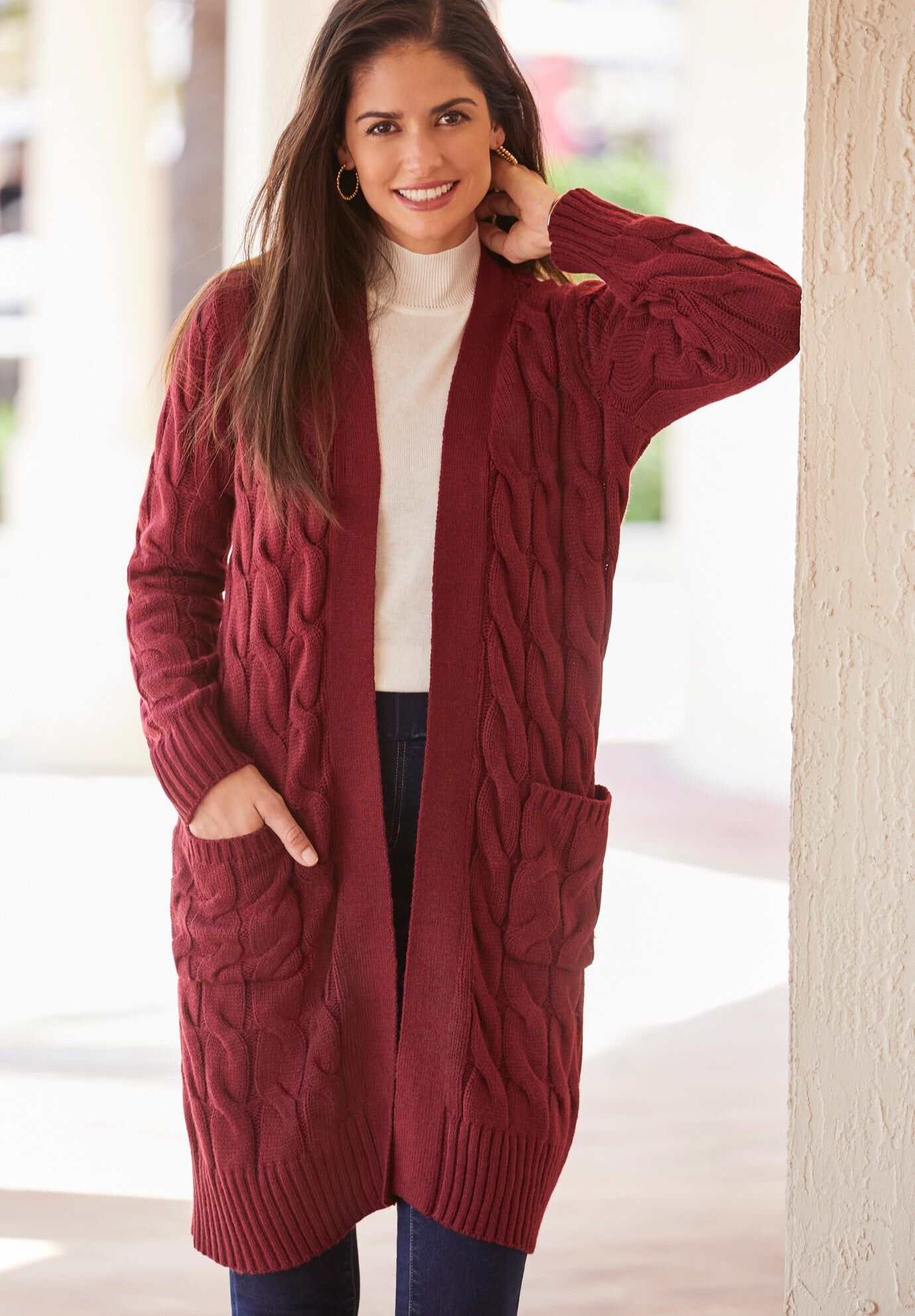 Cable Duster Sweater, RICH BURGUNDY, hi-res image number 0