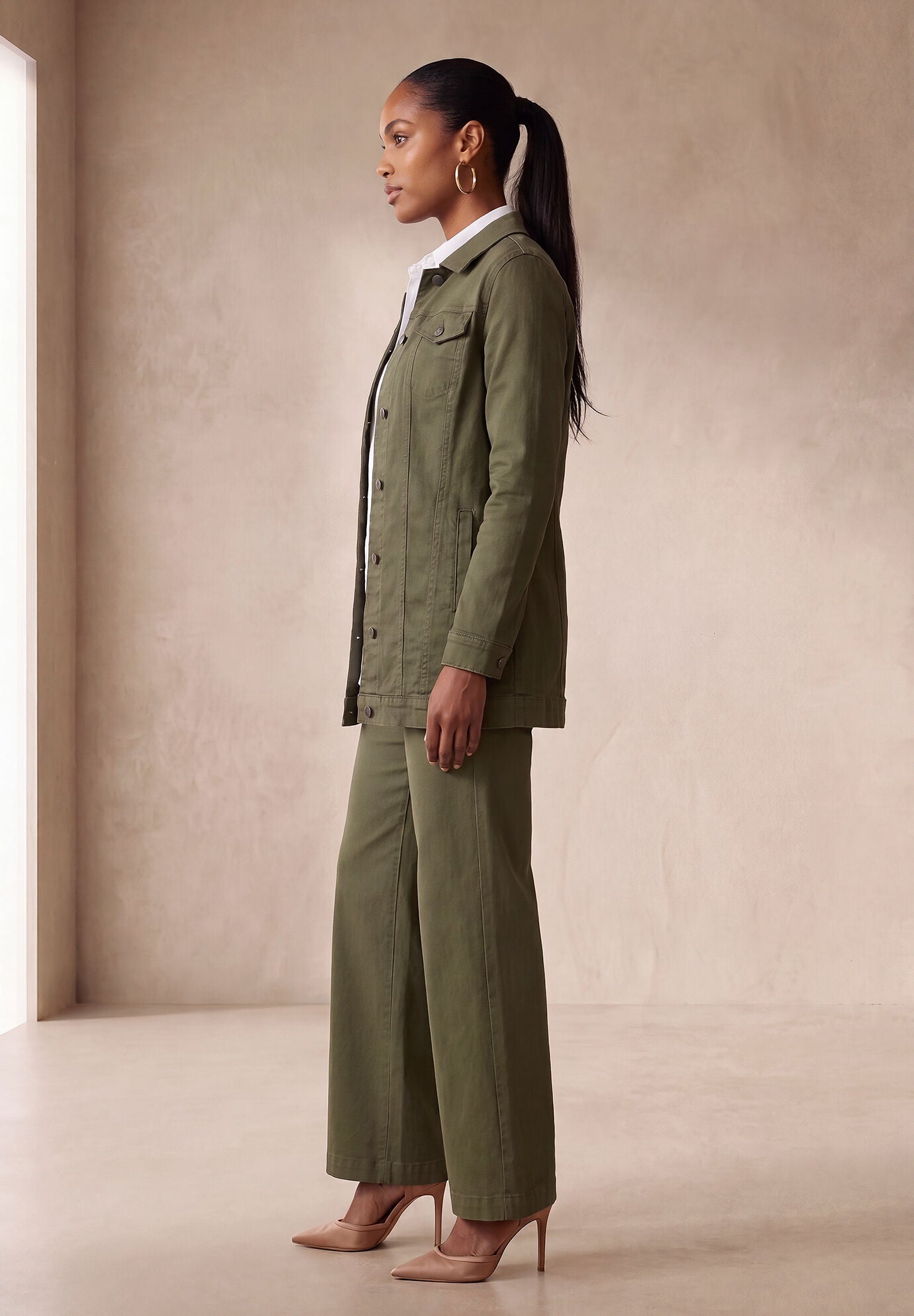 Long Denim Jacket, DARK OLIVE GREEN, alternate image number 4