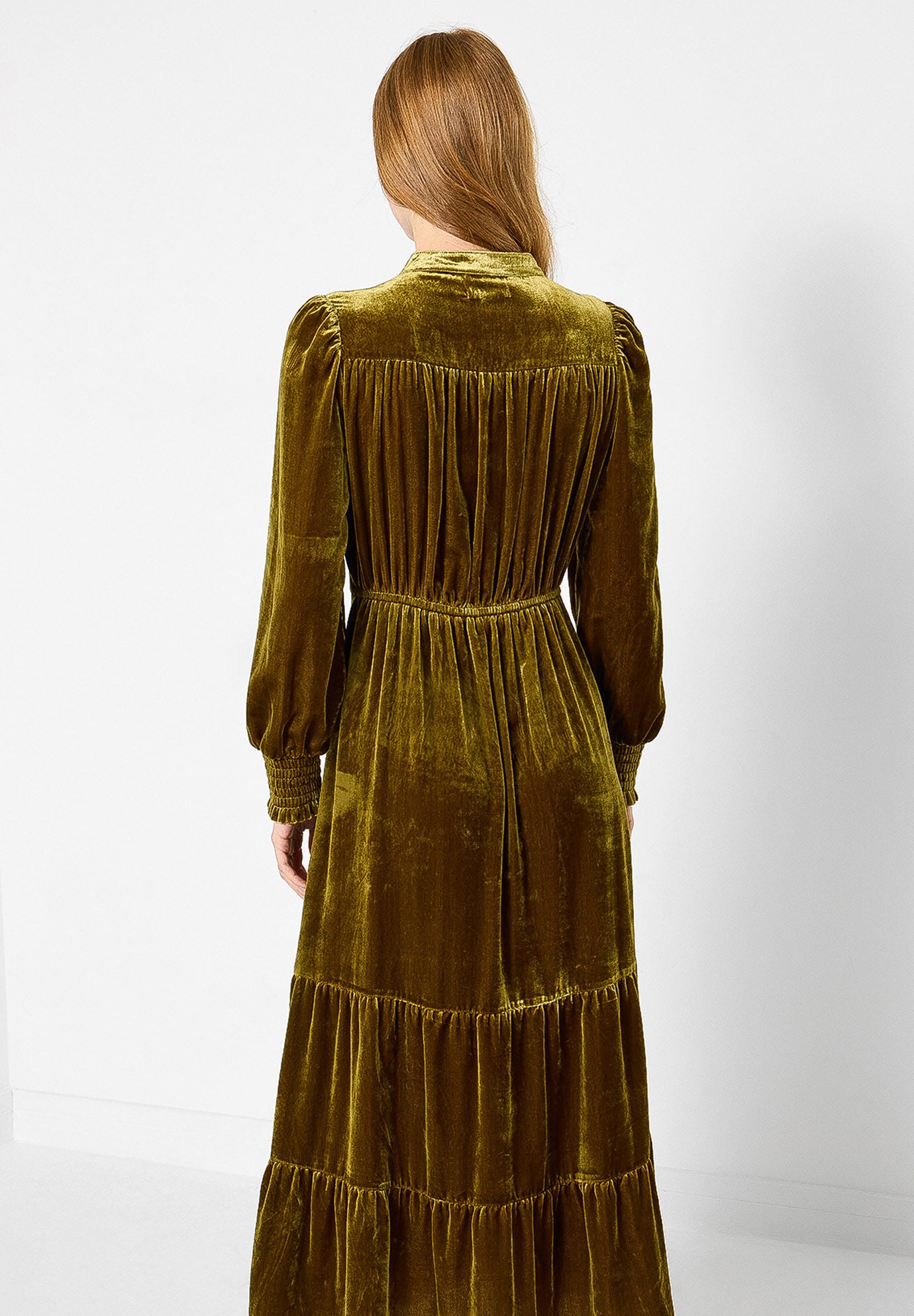 Tiered Velvet Tie Neck Dress, CHARTREUSE, alternate image number 5