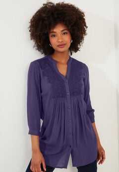 Crochet Trim Pintuck Shirt