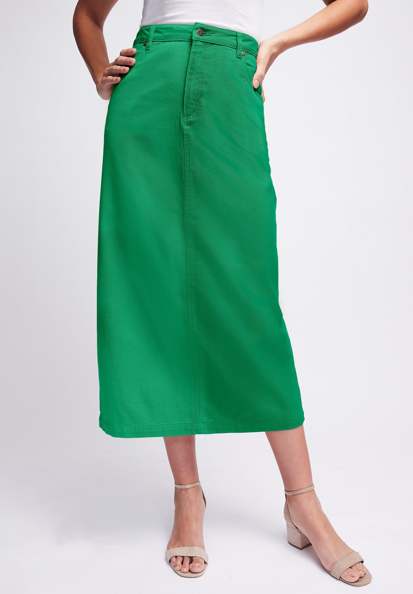 Classic Cotton Denim Midi Skirt, KELLY GREEN, hi-res image number 0