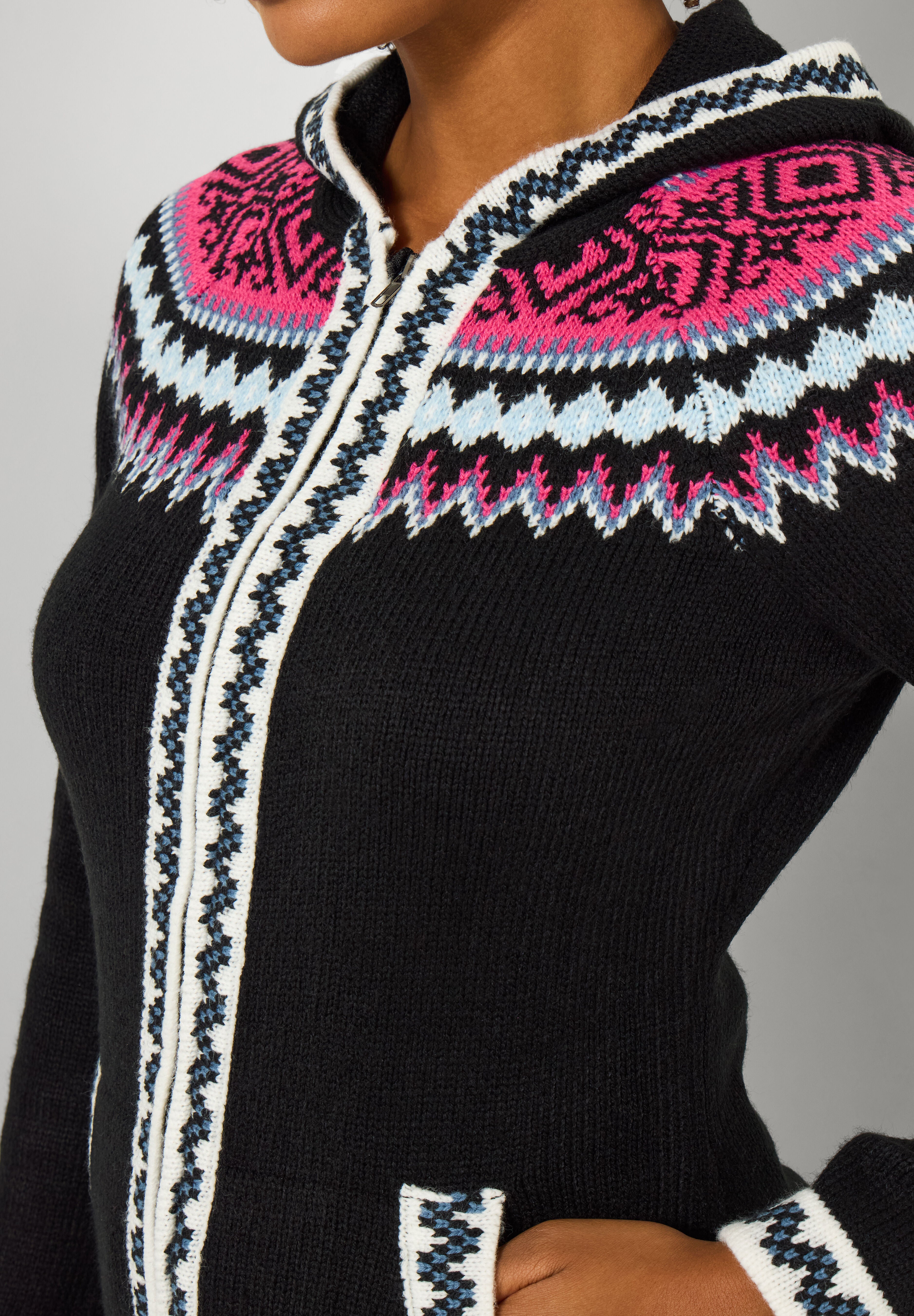 Fair Isle Drawstring V-Neck Zip Hoodie, BLACK FAIRISLE, alternate image number 2