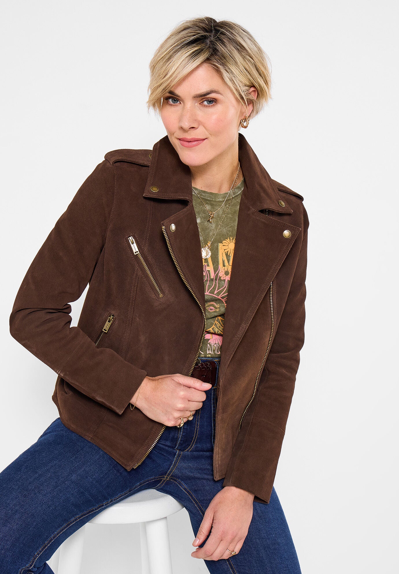 Suede Moto Jacket, CHOCOLATE BROWN, hi-res image number 0