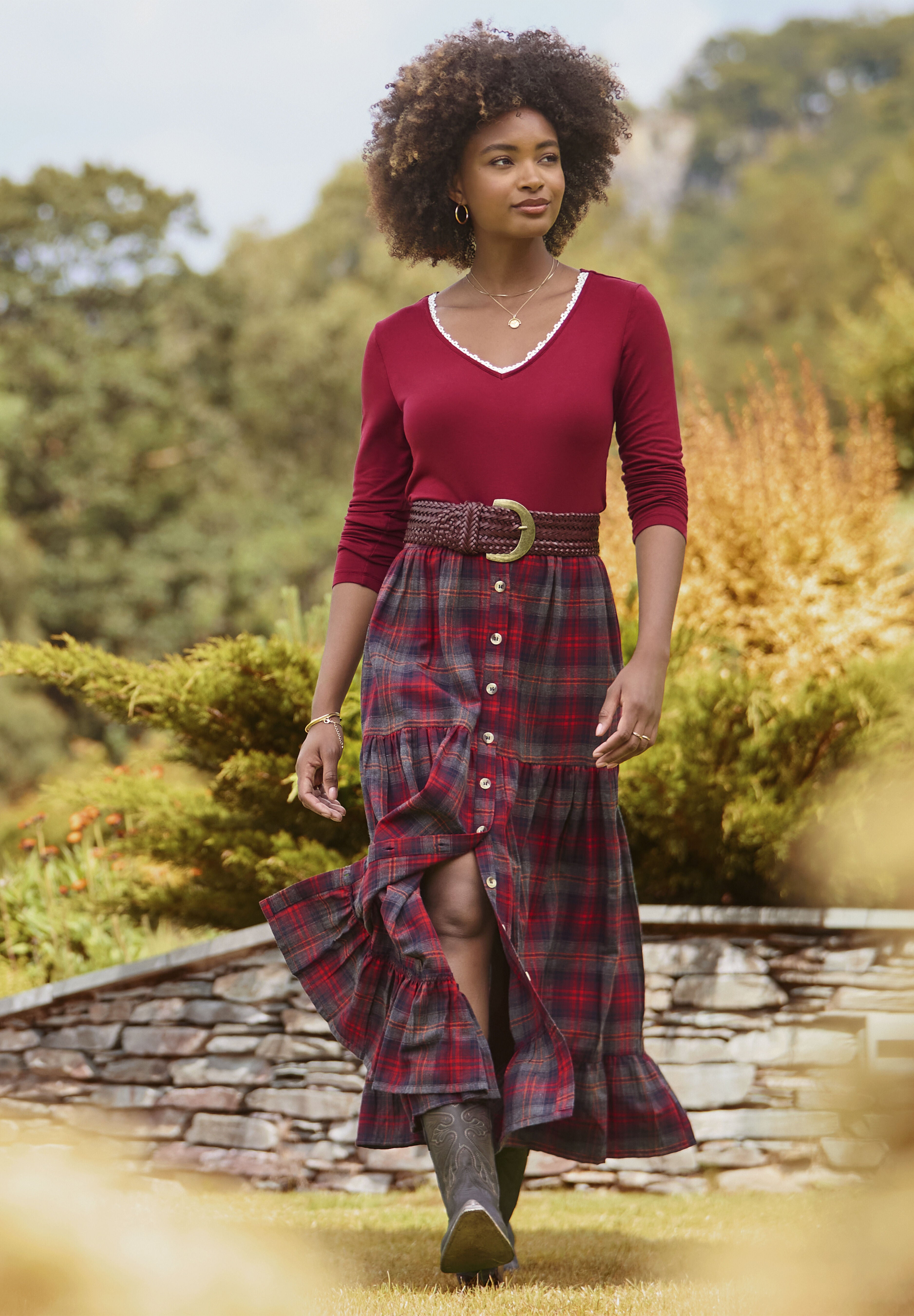 Stretch Knit V-Neck Tee, OXBLOOD, hi-res image number 0