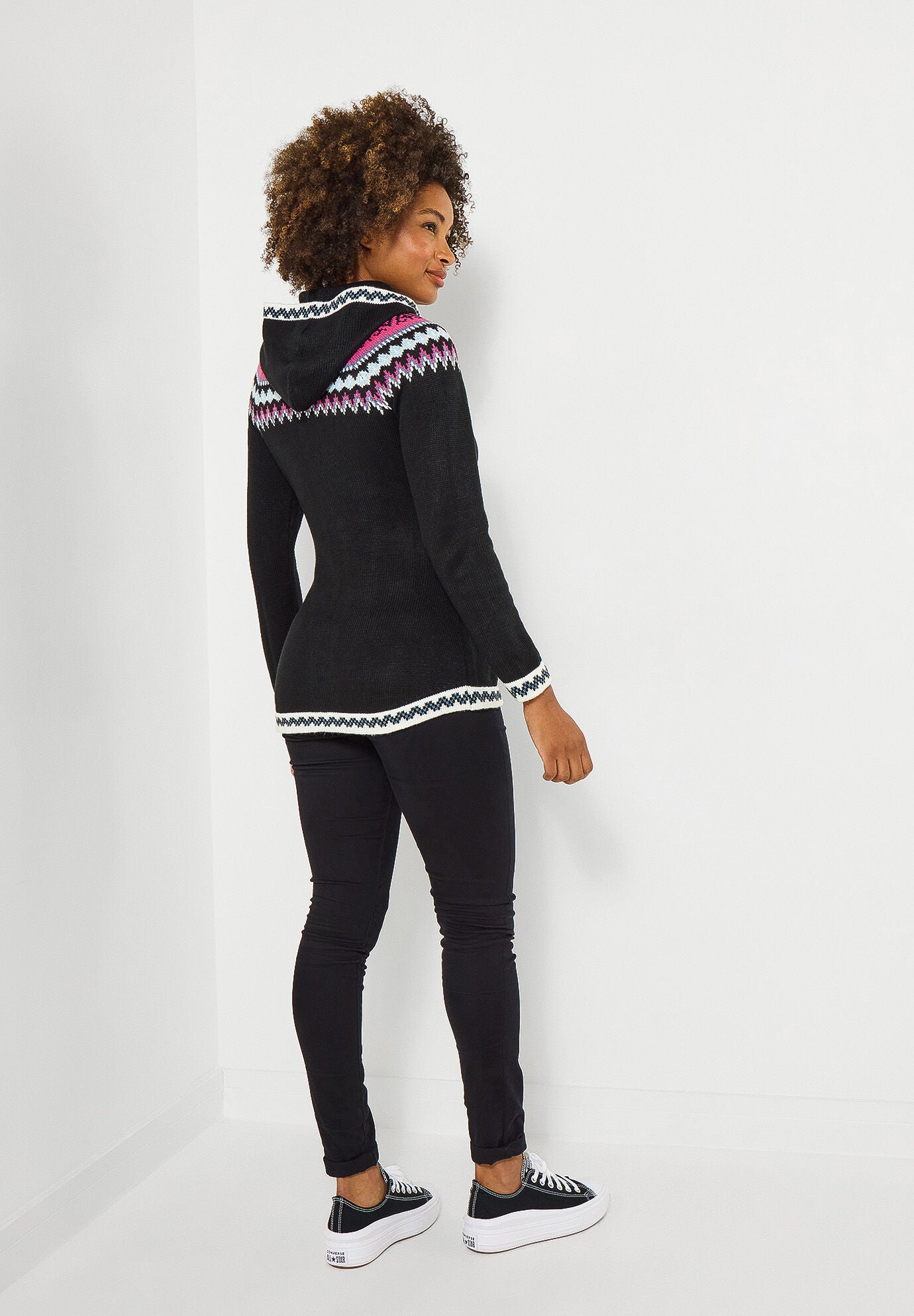 Fair Isle Drawstring V-Neck Zip Hoodie, BLACK FAIRISLE, alternate image number 3