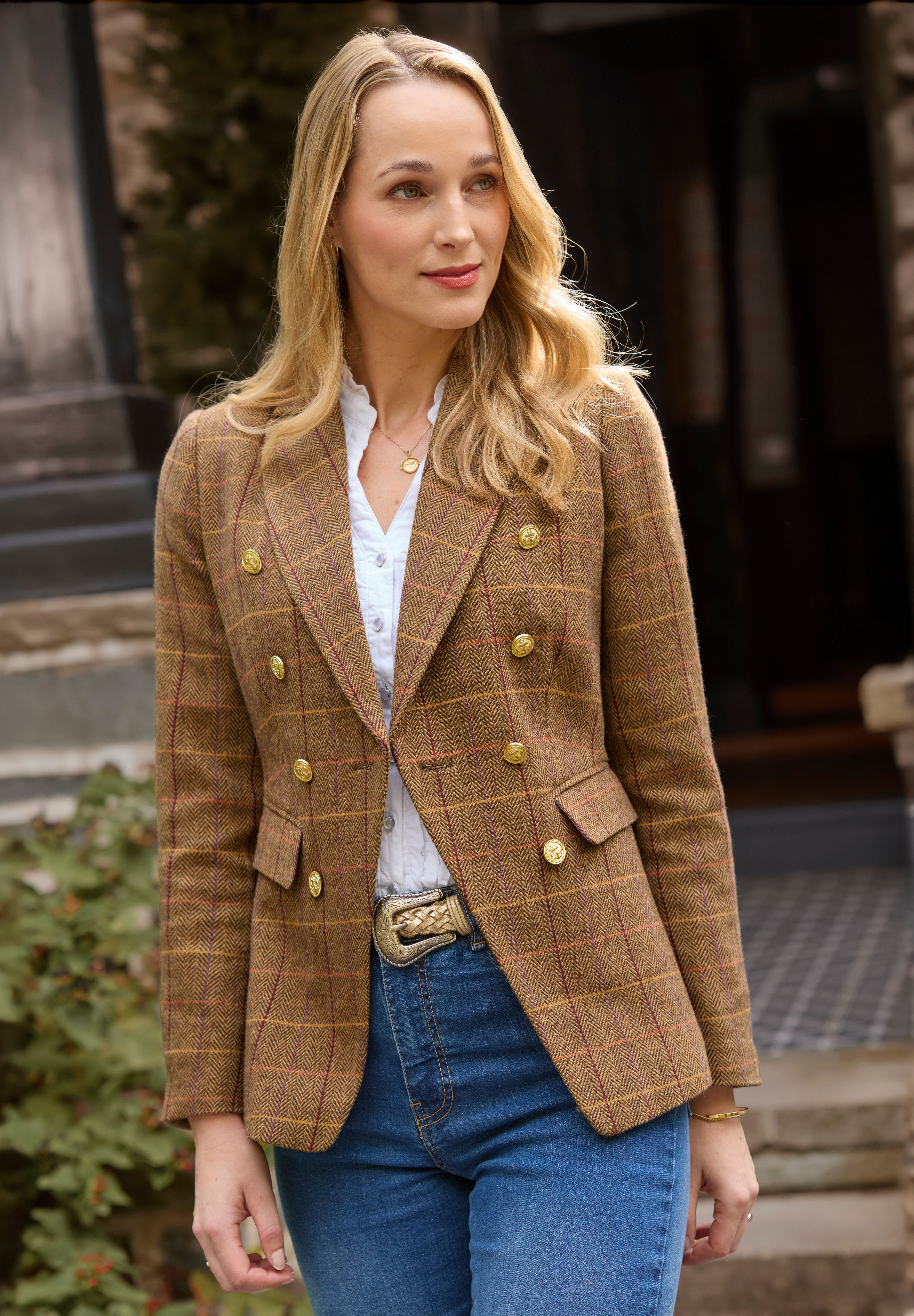 Double Breasted Plaid Blazer, COGNAC PLAID, hi-res image number 0