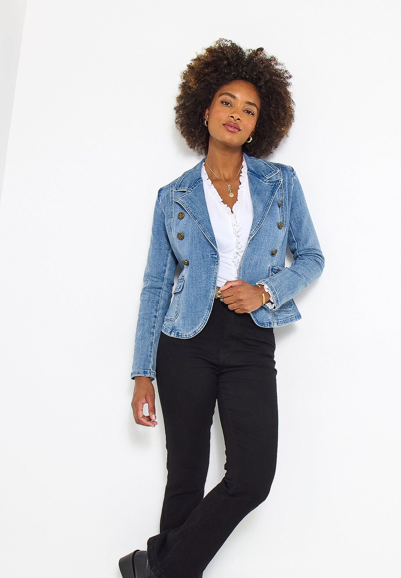 Double Breasted Denim Blazer, LIGHT BLUE, alternate image number 3