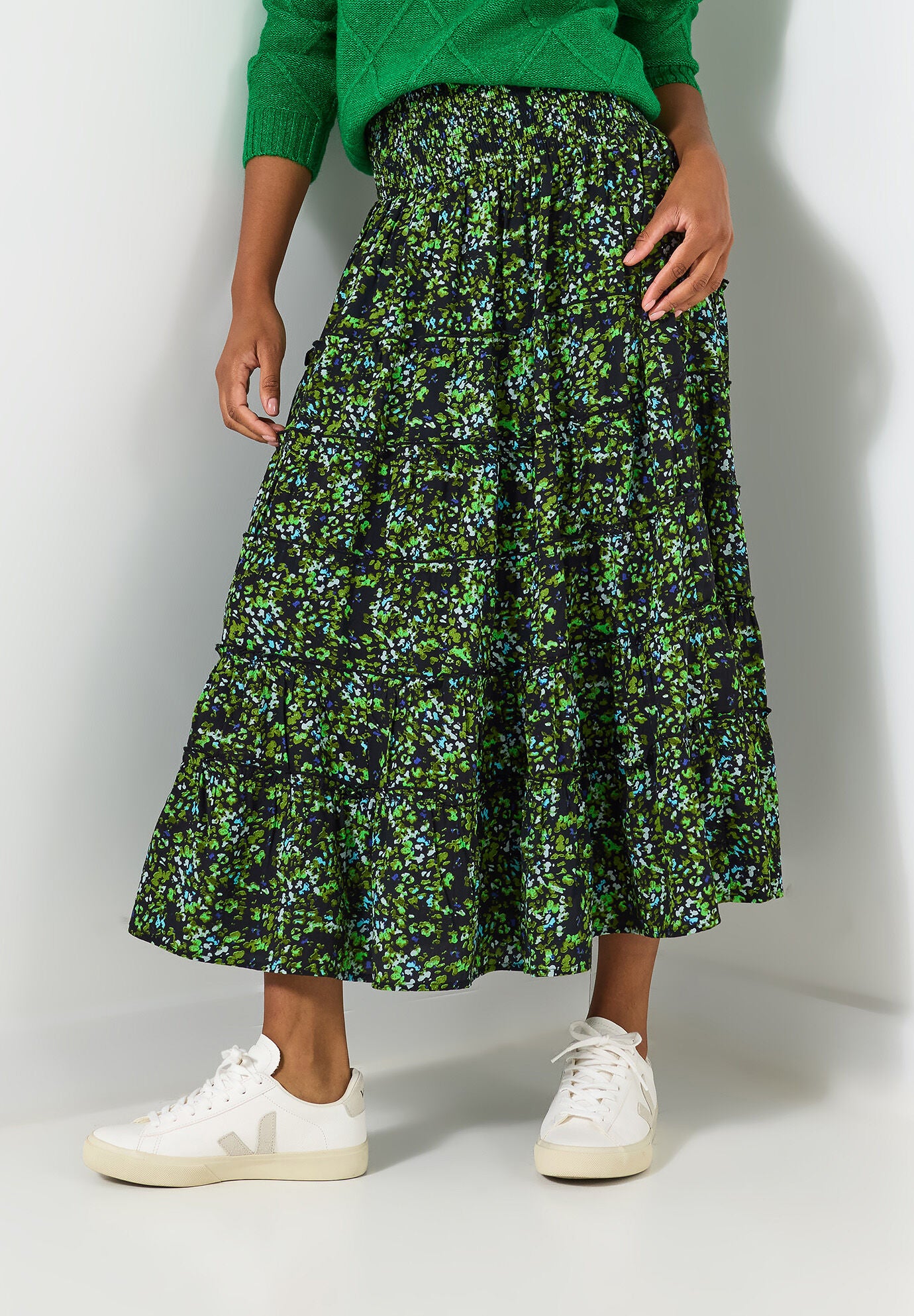 Tiered Maxi Skirt, GREEN DITSY GARDEN, on-hover image number 1