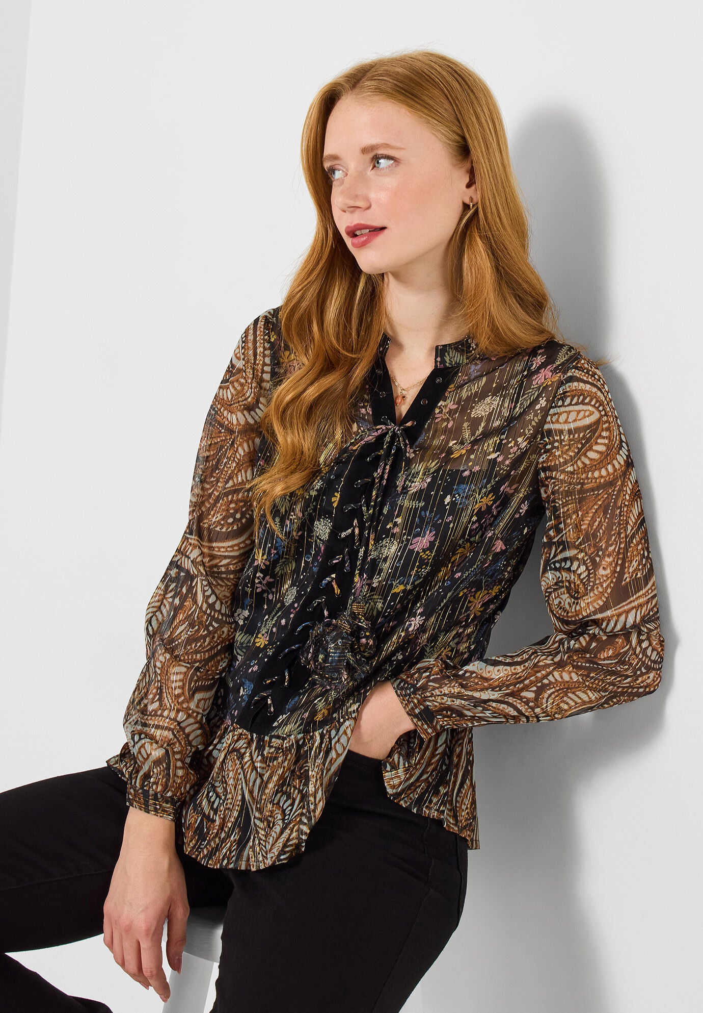 Sheer Metallic Lace-Up Blouse, METALLIC PAISLEY, hi-res image number 0