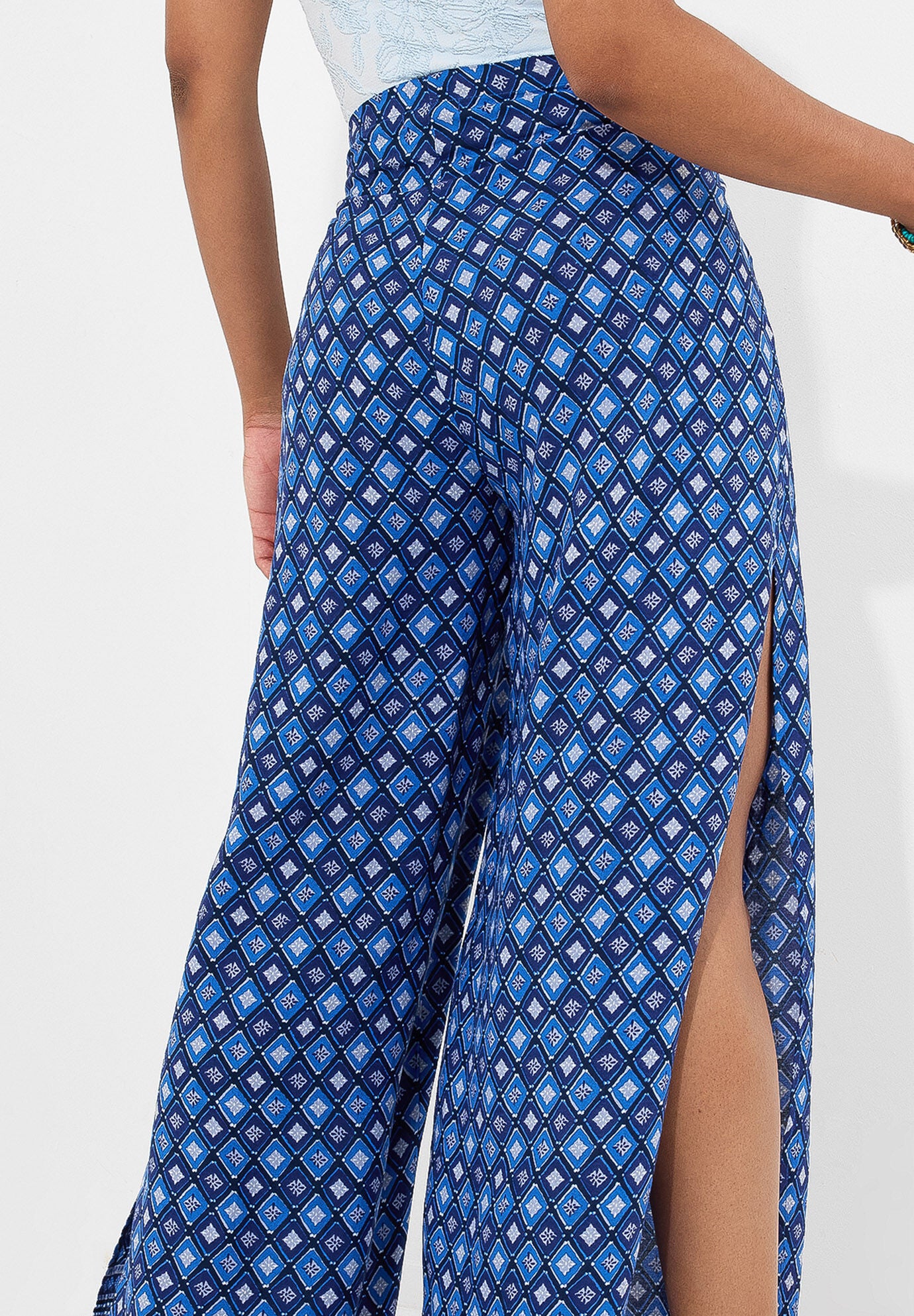 Wide Leg Tie-Front Pants, BLUE GEO MEDALLION, alternate image number 3