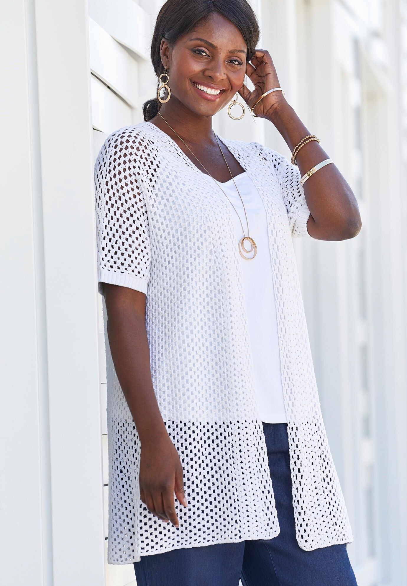 Crochet Long Cardigan, WHITE, hi-res image number 0