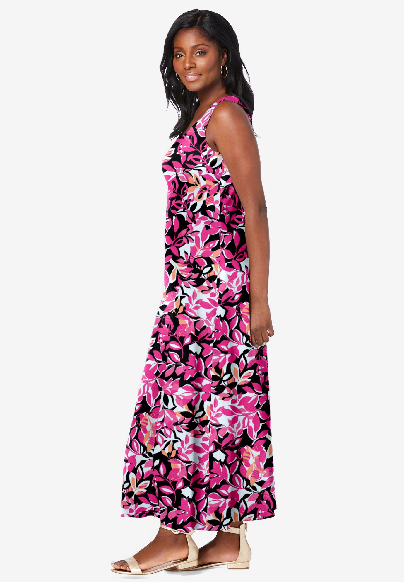 Stretch Cotton Tank Maxi Dress, TEA ROSE GRAPHIC LEAVES, alternate image number 2