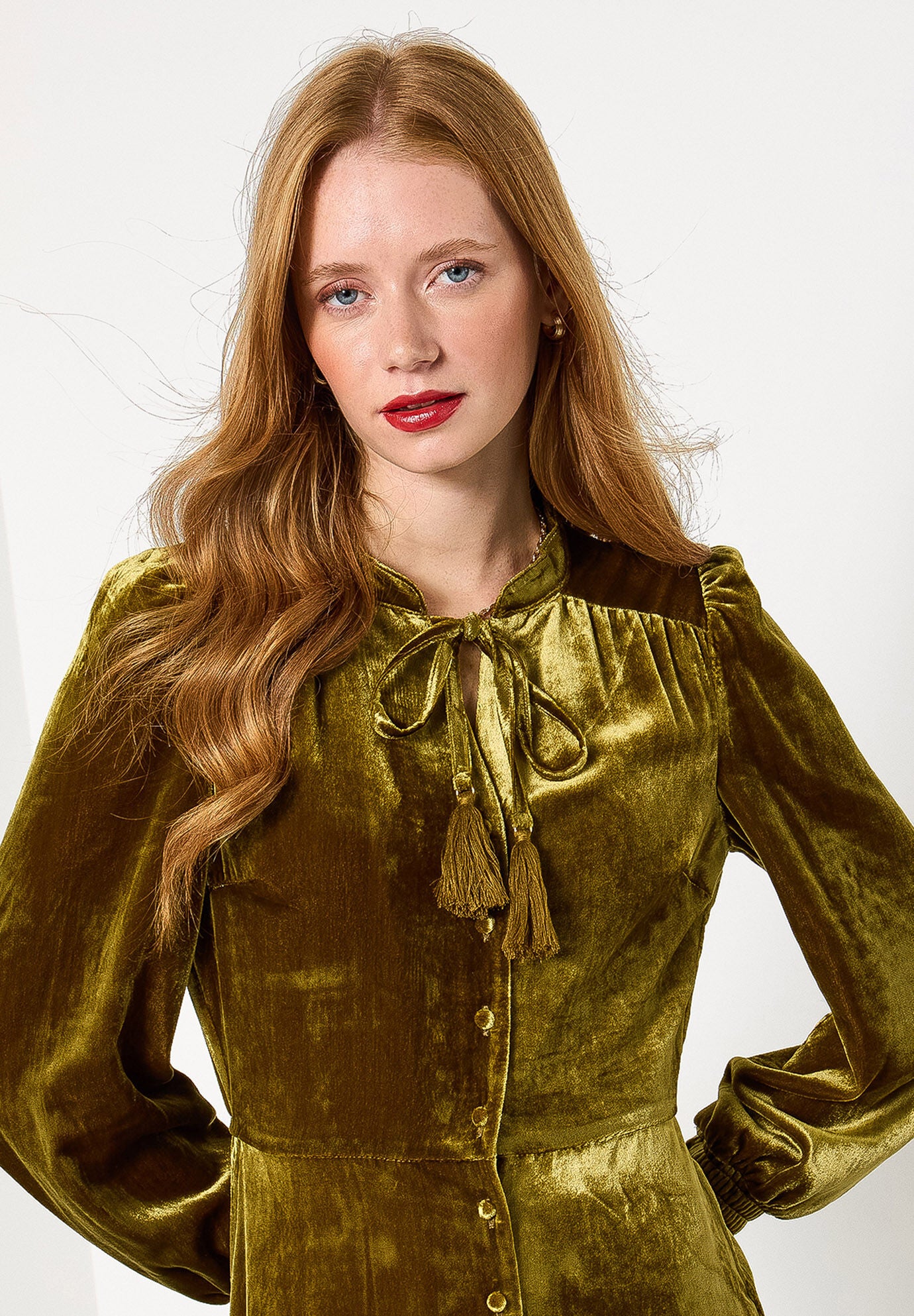 Tiered Velvet Tie Neck Dress, CHARTREUSE, alternate image number 2