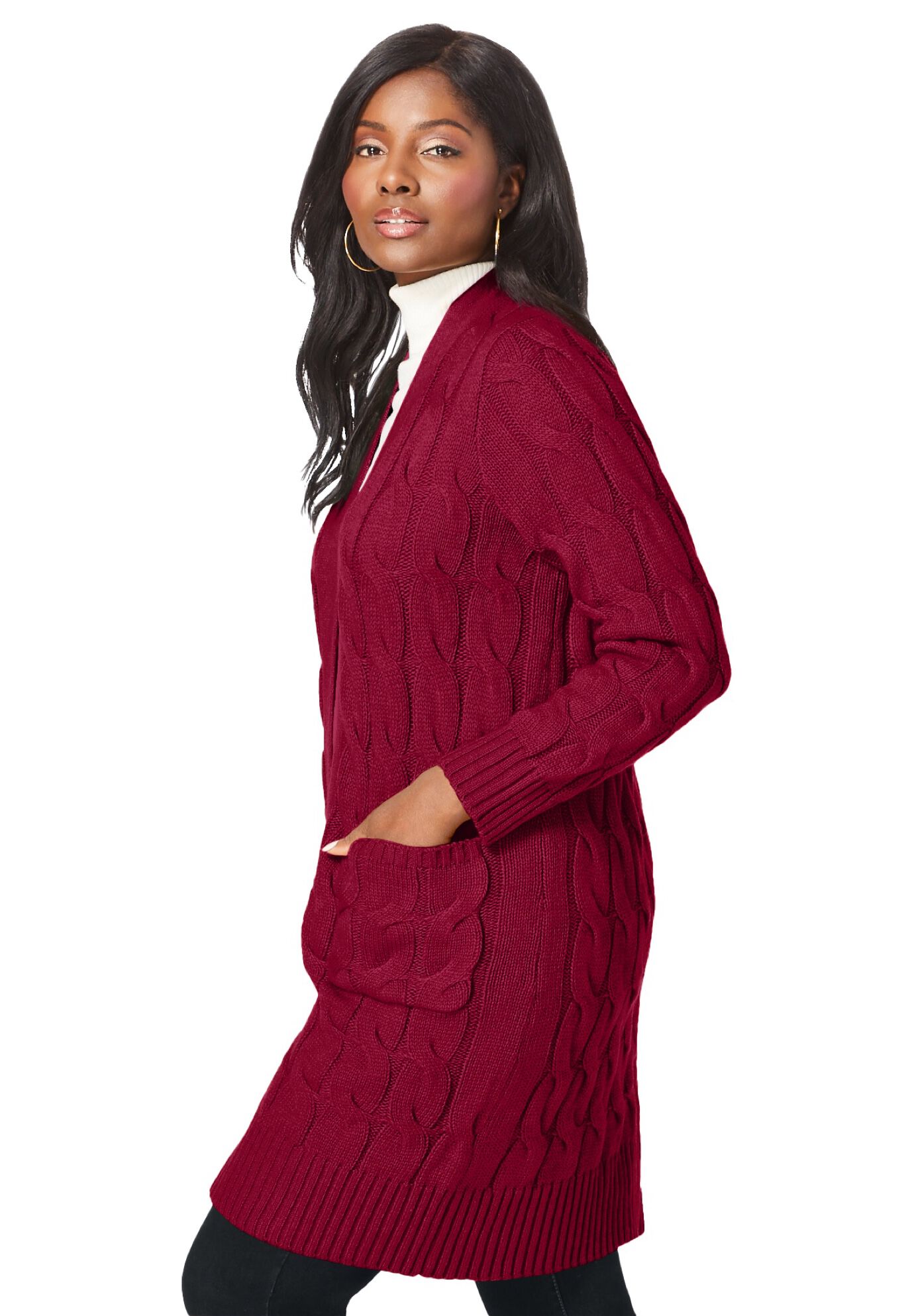 Cable Duster Sweater, RICH BURGUNDY, alternate image number 3