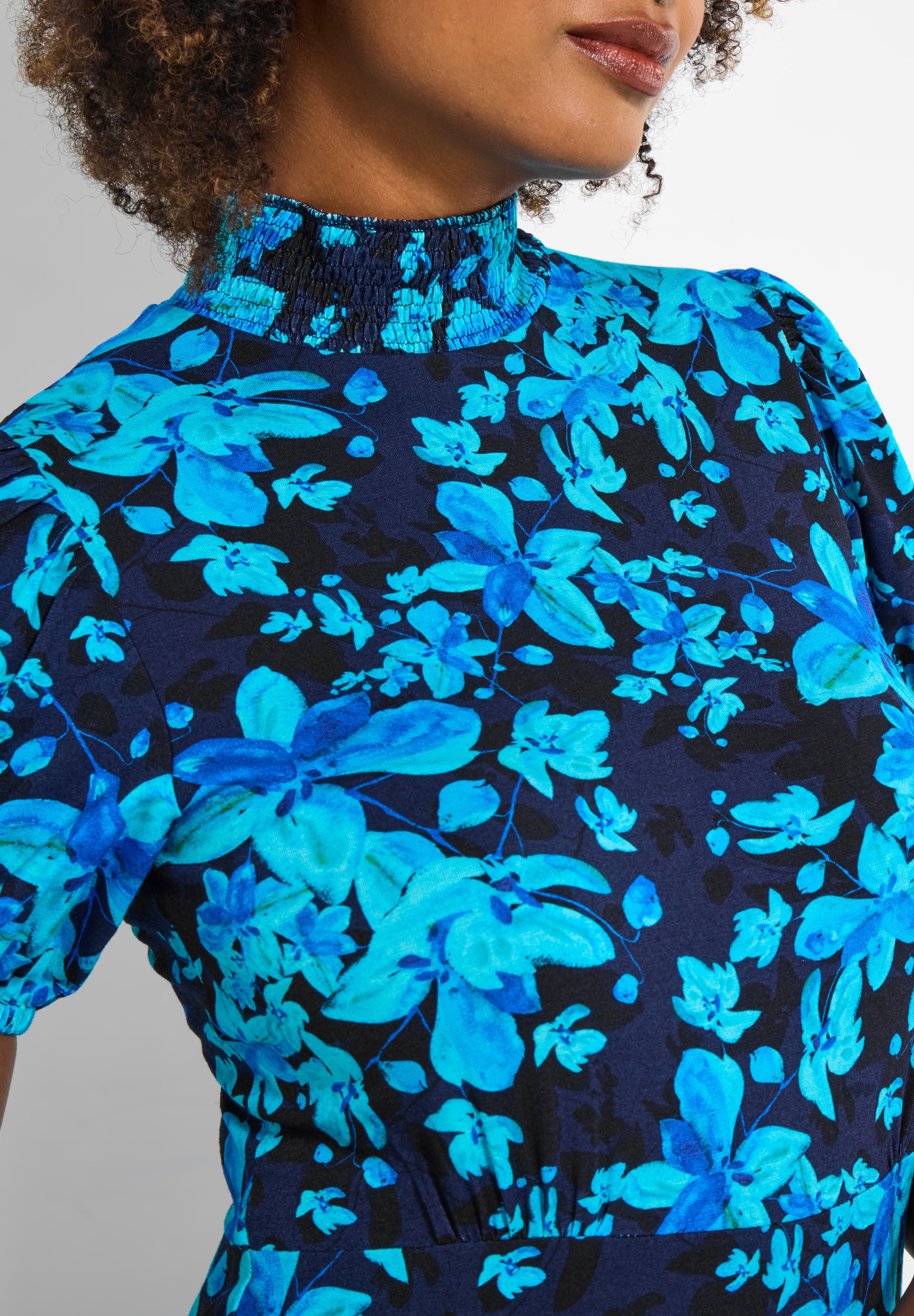 Stretch Knit Mockneck Midi Dress, SAPPHIRE ABSTRACT FLORAL, on-hover image number 1