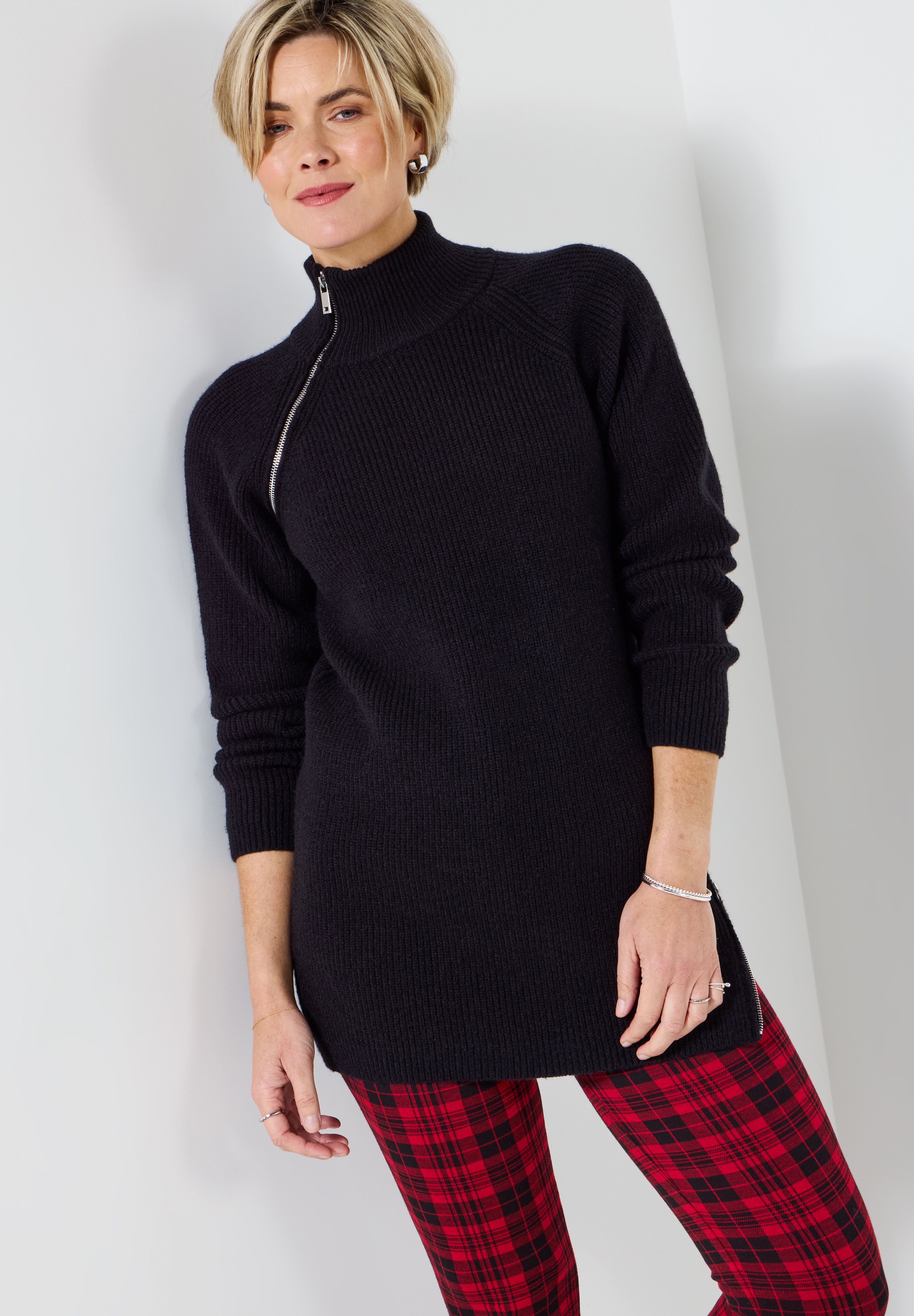 Mockneck Zip Tunic Sweater, BLACK, on-hover image number 1