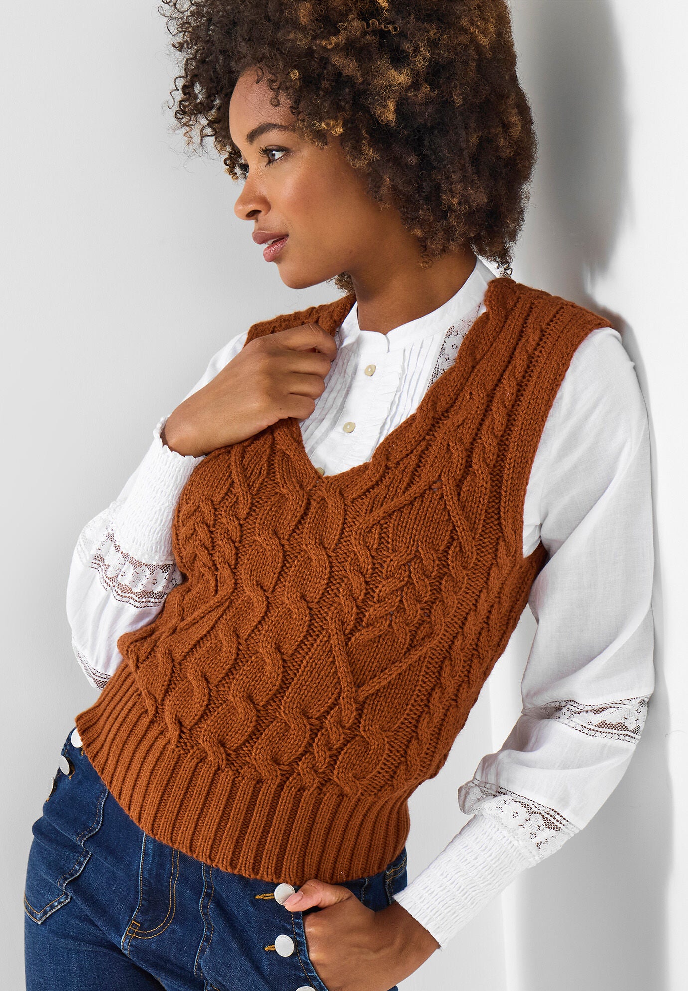 Cable Sweater Vest, ANTIQUE RUST, alternate image number 2